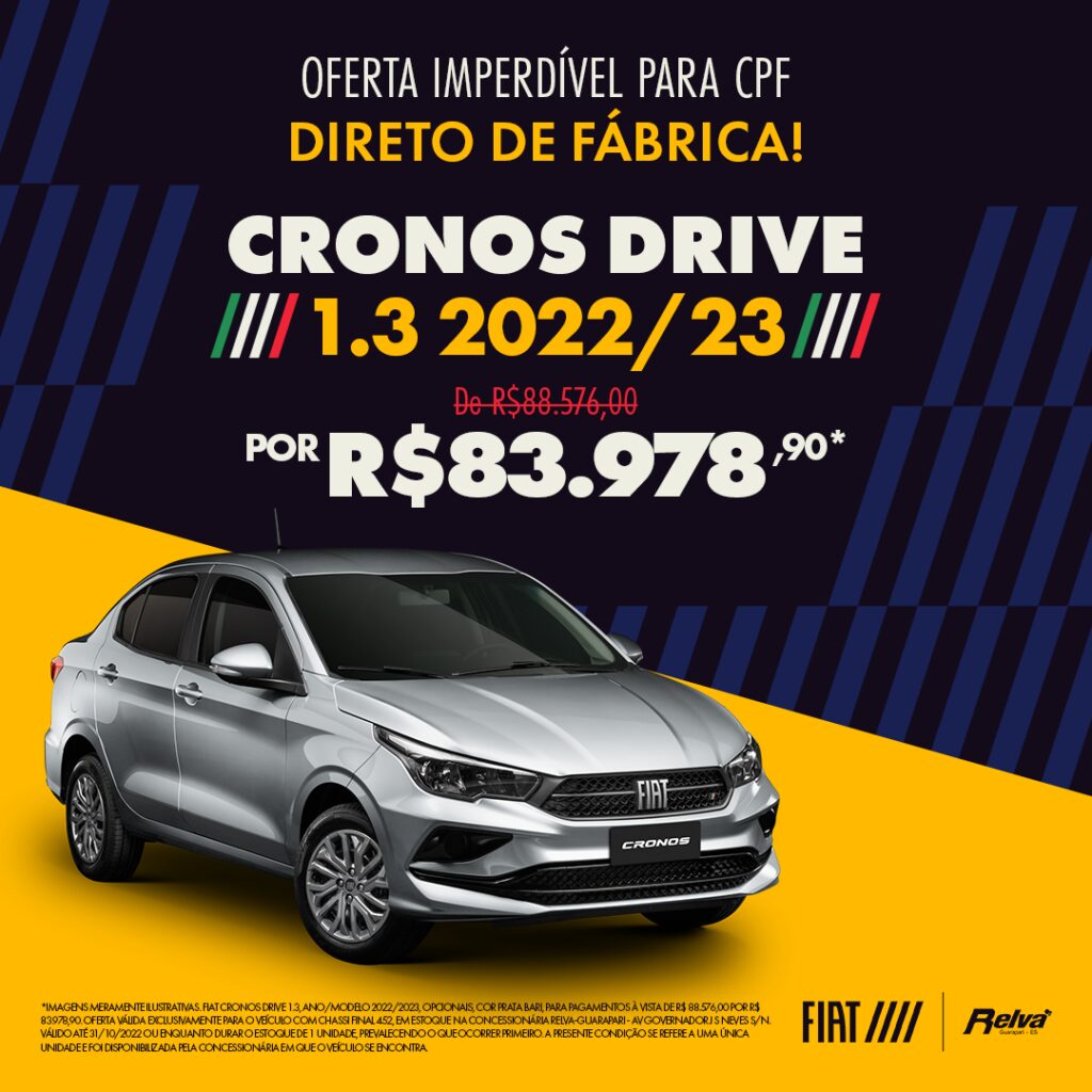 Cronos Drive 1.3 Prata Bari - Cronos Drive 1.3 2022/23 por R$ 83.978,90* para CPF direto de fábrica!