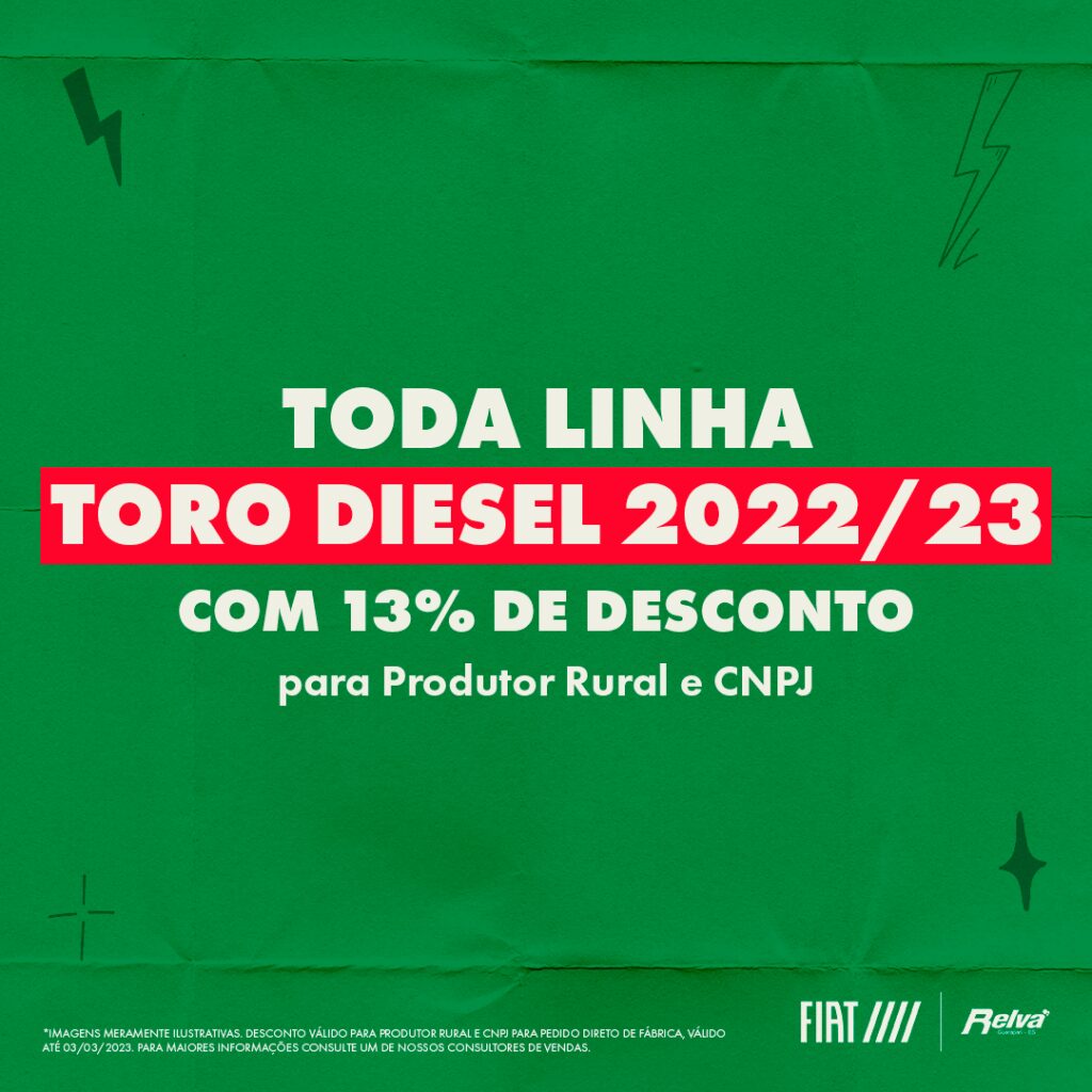 Relva Toro Diesel1 - Toda linha Toro Diesel 2022/23 com 13% de desconto para Produtor Rural e CNPJ