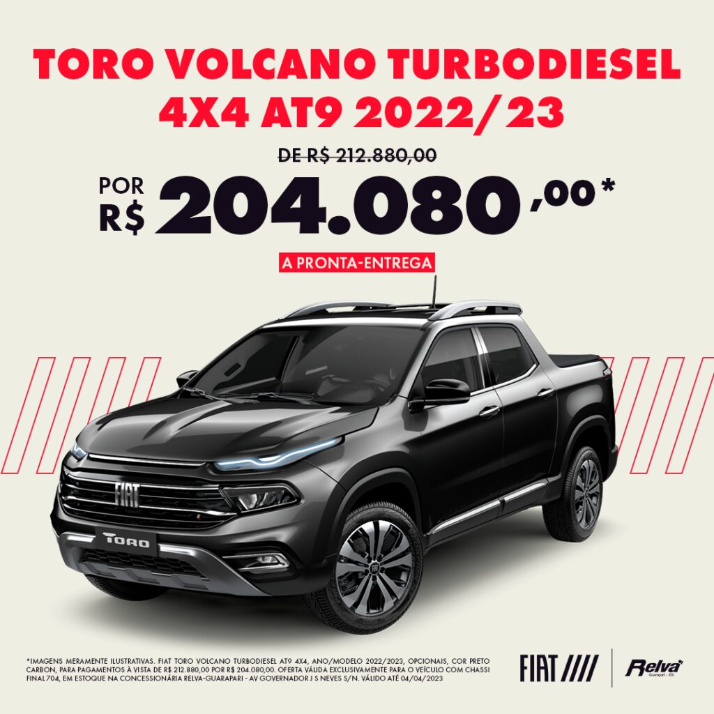 Relva Toro Volcano - Toro Volcano Turbodiesel 4x4 AT9 2022/23 de R$ 212.880,00 por R$ 204.080,00*