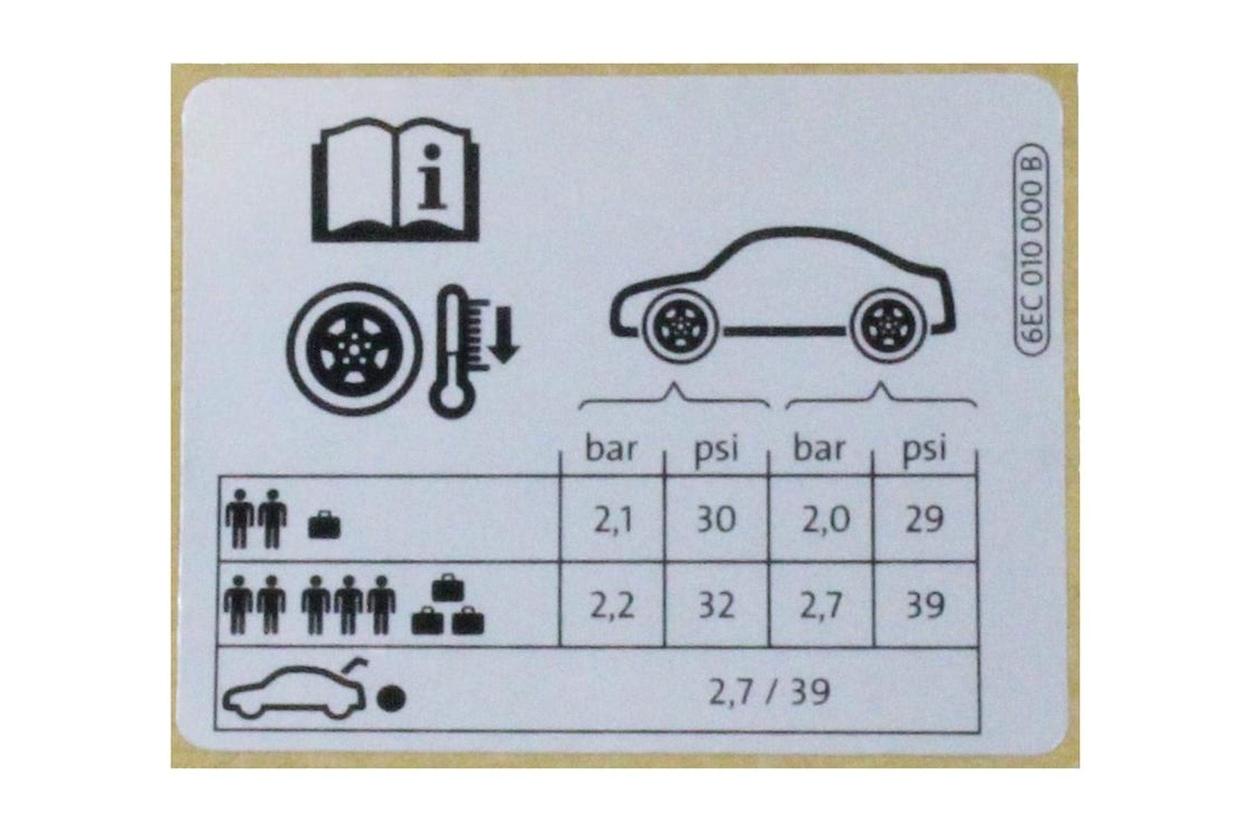 Etiqueta de Pressão de Calibragem de Pneus VW 6EC010000B