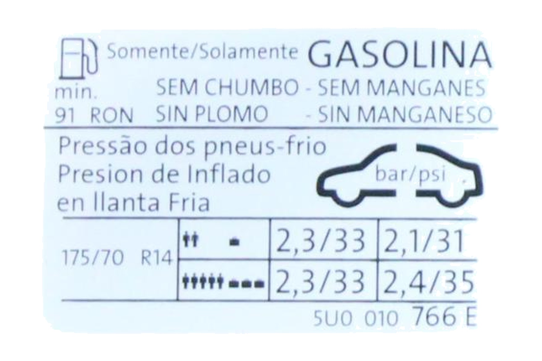 Etiqueta de Pressão de Calibragem de Pneus VW 5U0010766E