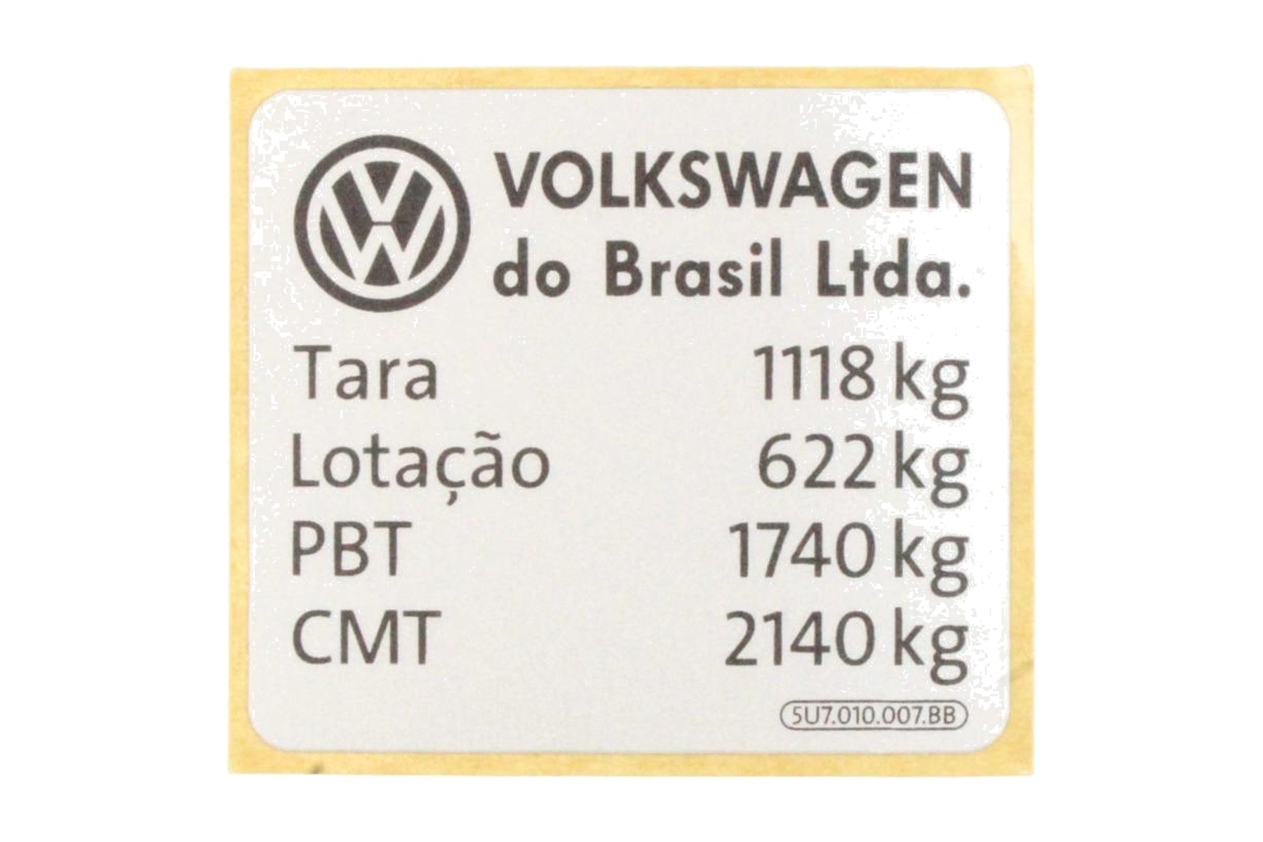 Etiqueta de Capacidade de Carga VW 5U7010007BB