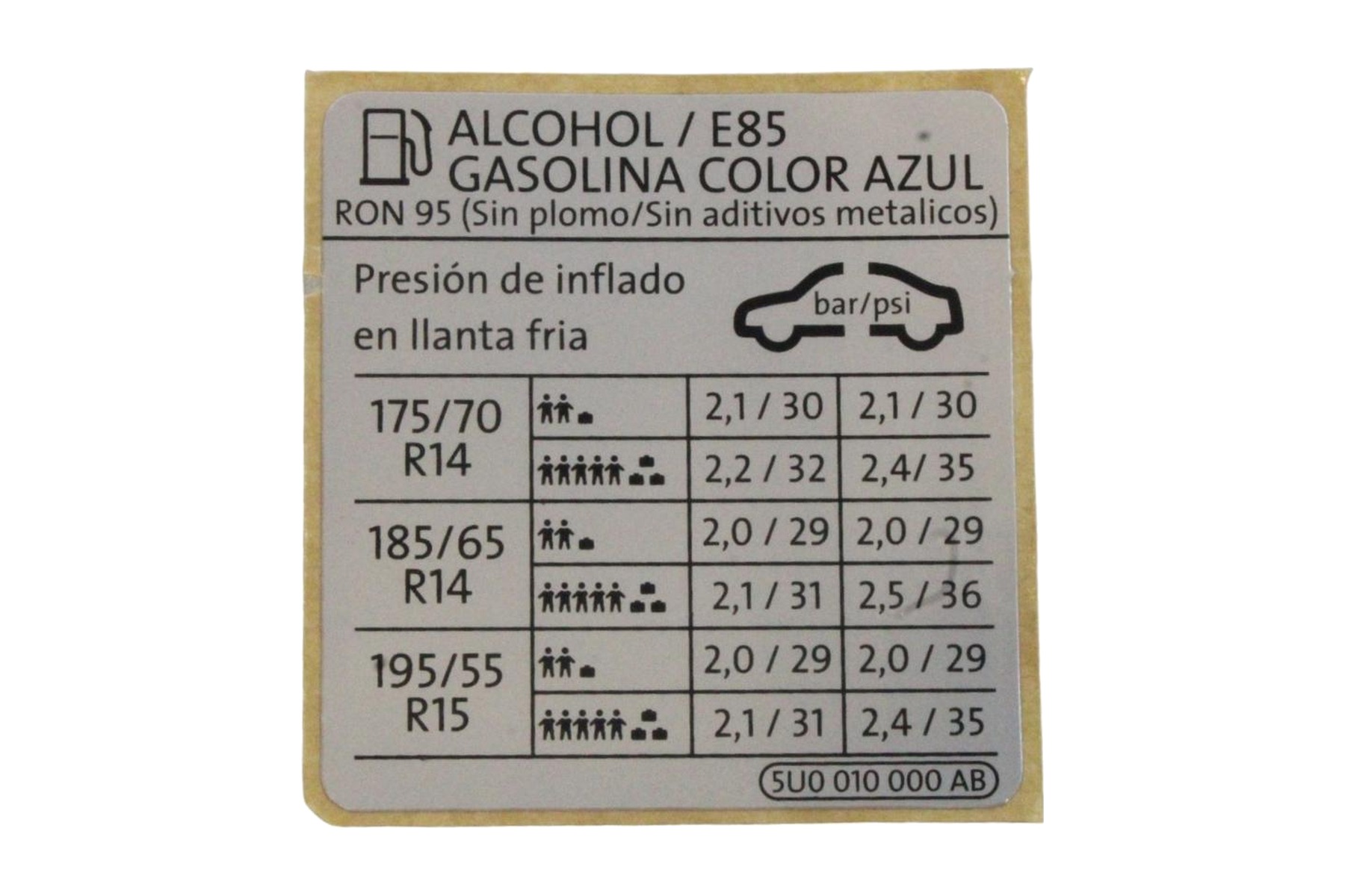 Etiqueta de Pressão de Calibragem de Pneus VW 5U0010000AB