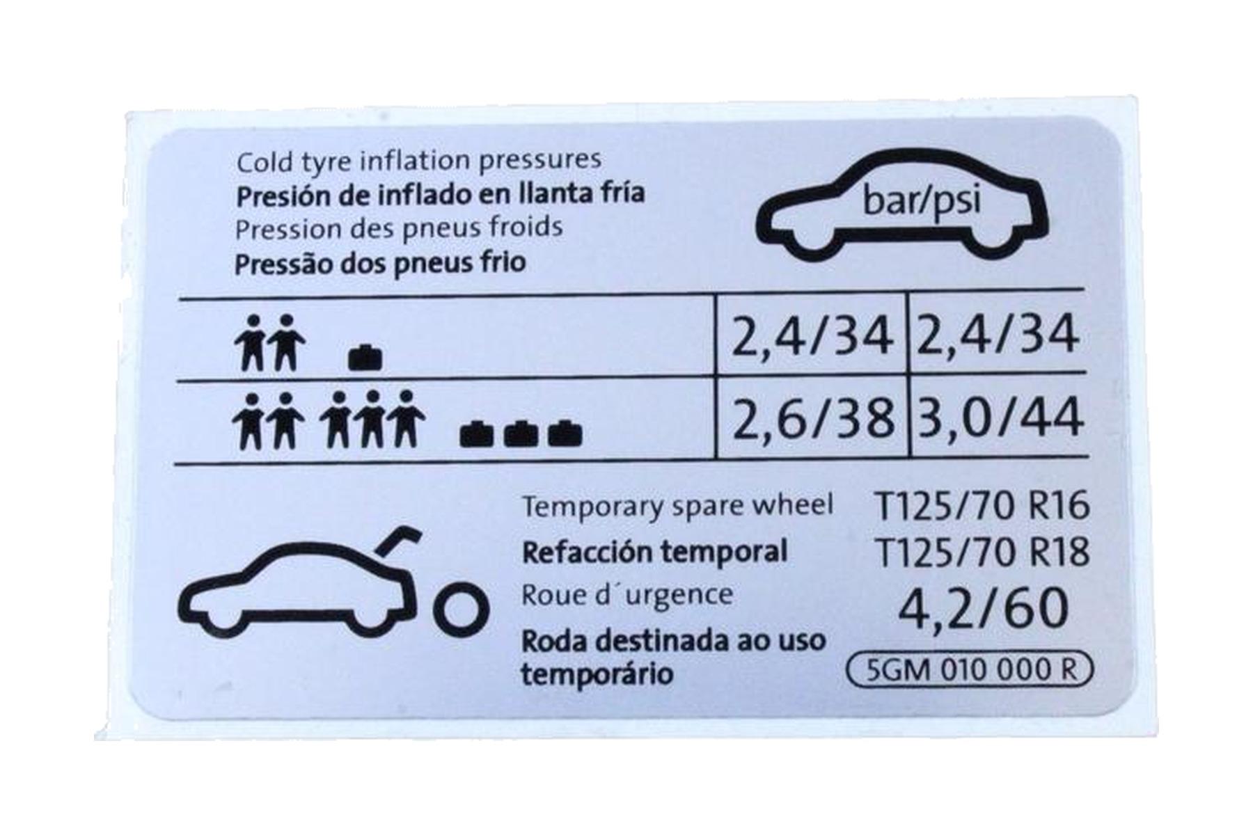 Etiqueta de Pressão de Calibragem de Pneus VW 5GM010000R