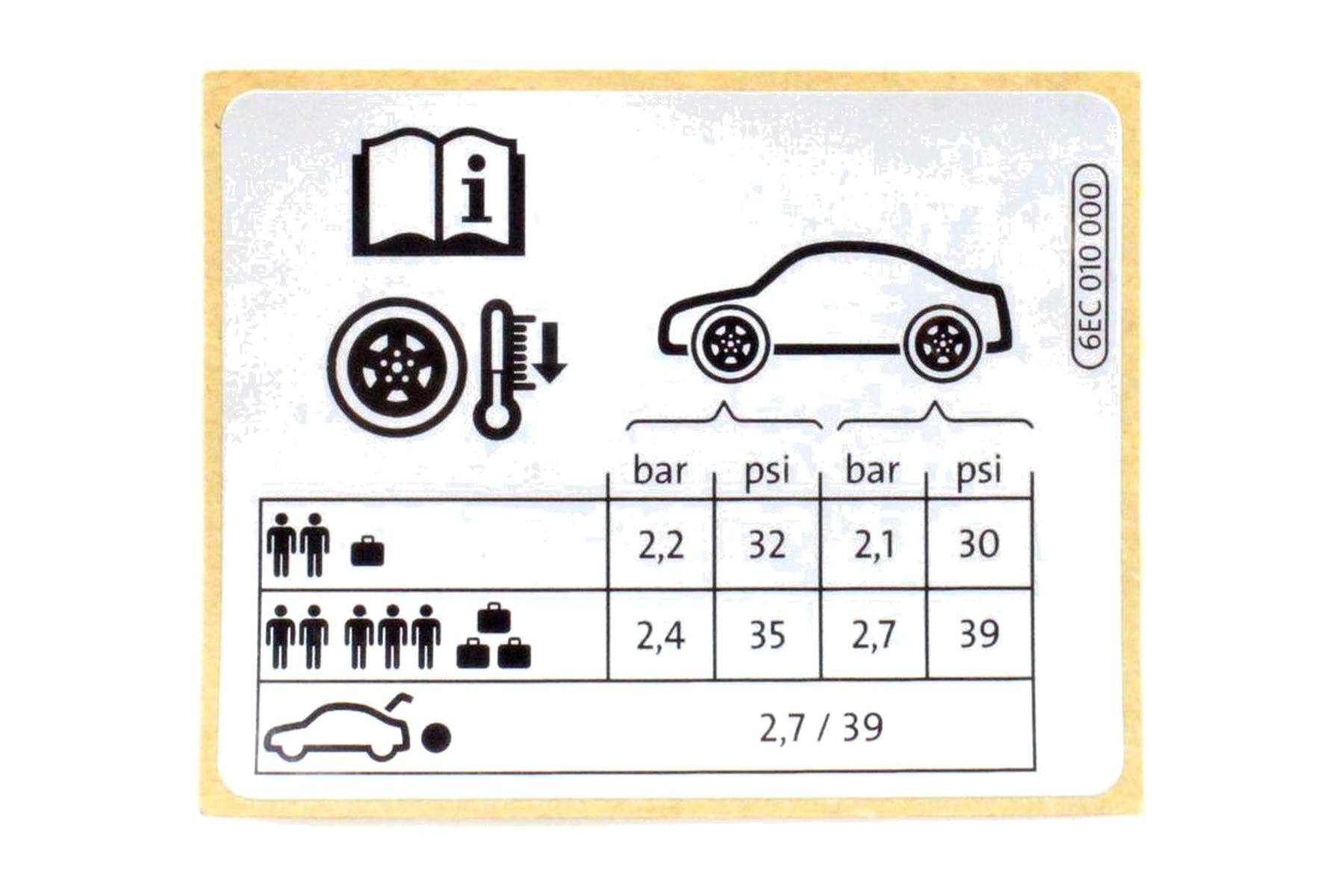 Etiqueta de Pressão de Calibragem de Pneus VW 6EC010000