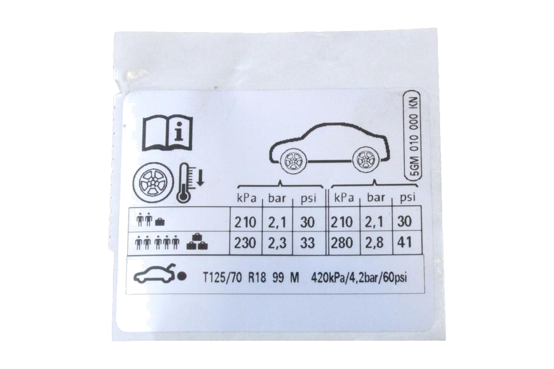 Etiqueta de Pressão de Calibragem de Pneus VW 5GM010000KN