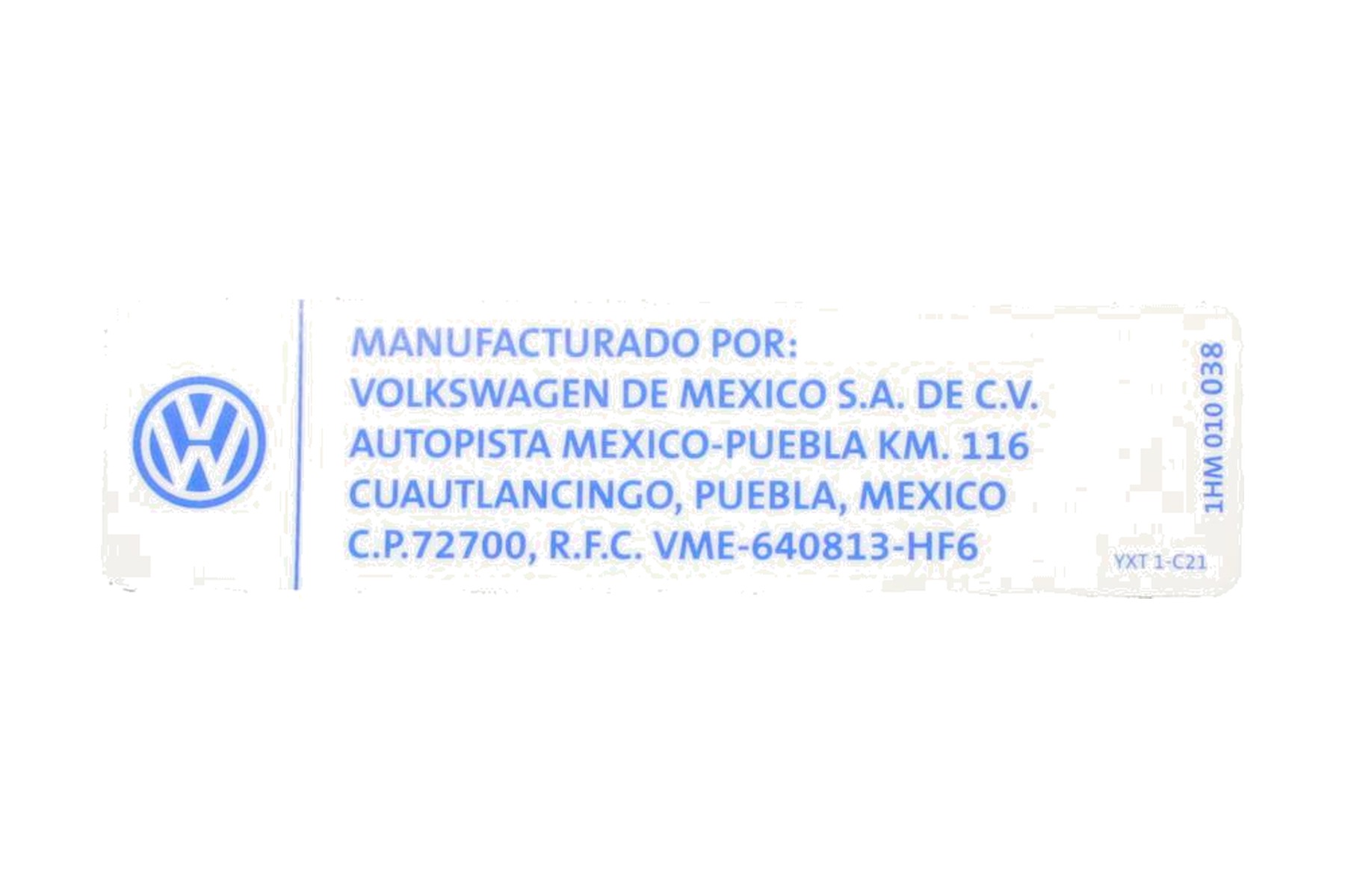 Etiqueta de Fabricação de Veículo VW 1HM010038
