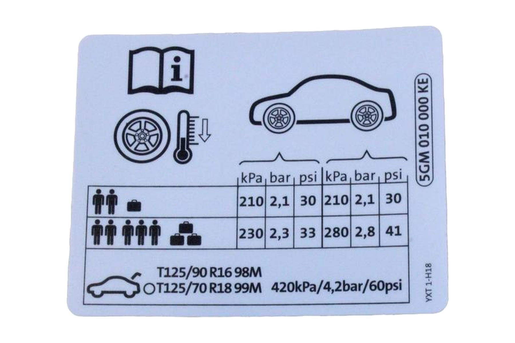 Etiqueta de Pressão de Calibragem de Pneus VW 5GM010000KE