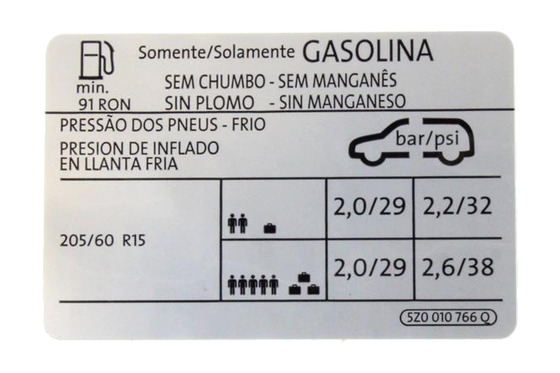 Etiqueta de Pressão de Calibragem de Pneus VW 5Z0010766Q