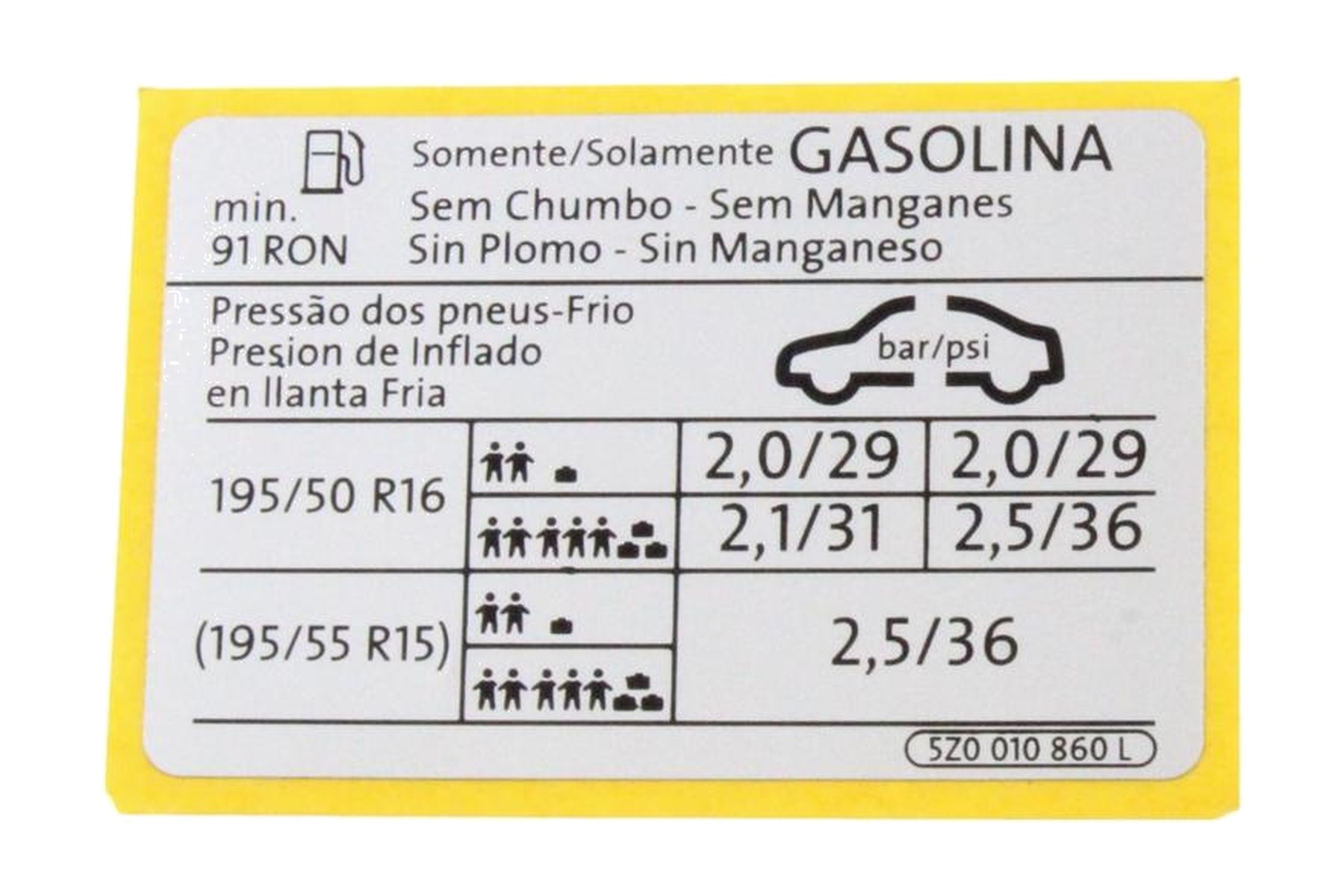 Etiqueta de Pressão de Calibragem de Pneus VW 5Z0010860L