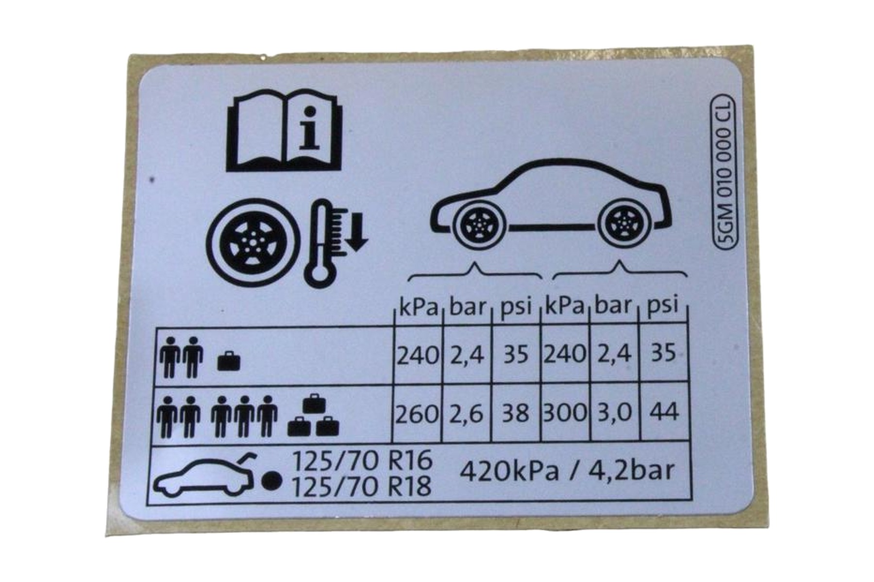 Etiqueta de Pressão de Calibragem de Pneus VW 5GM010000CL