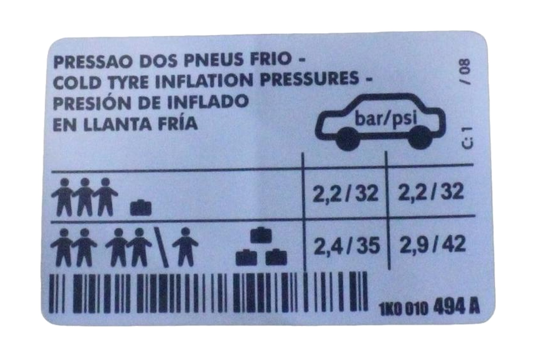 Etiqueta de Pressão de Calibragem de Pneus VW 1K0010494A