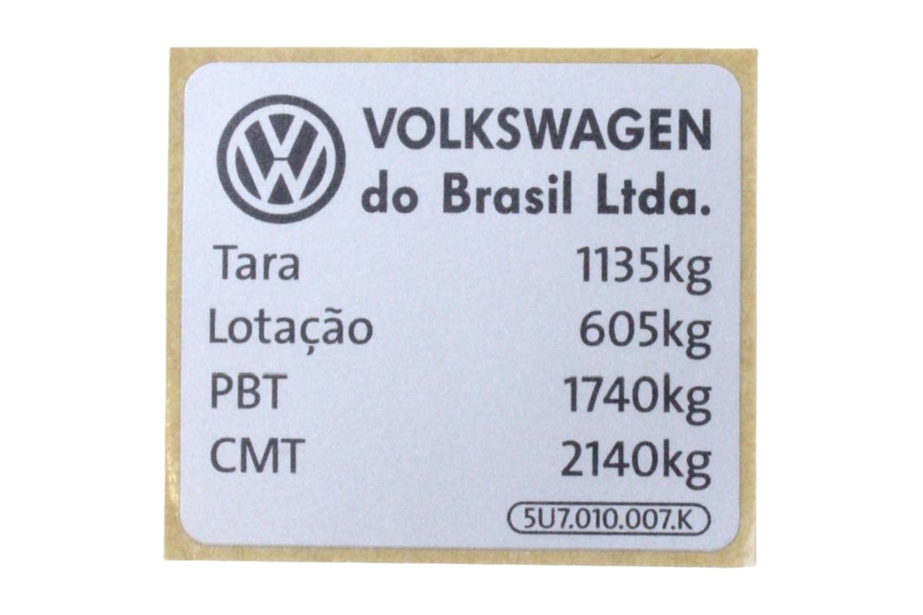 Etiqueta de Capacidade de Carga VW 5U7010007K