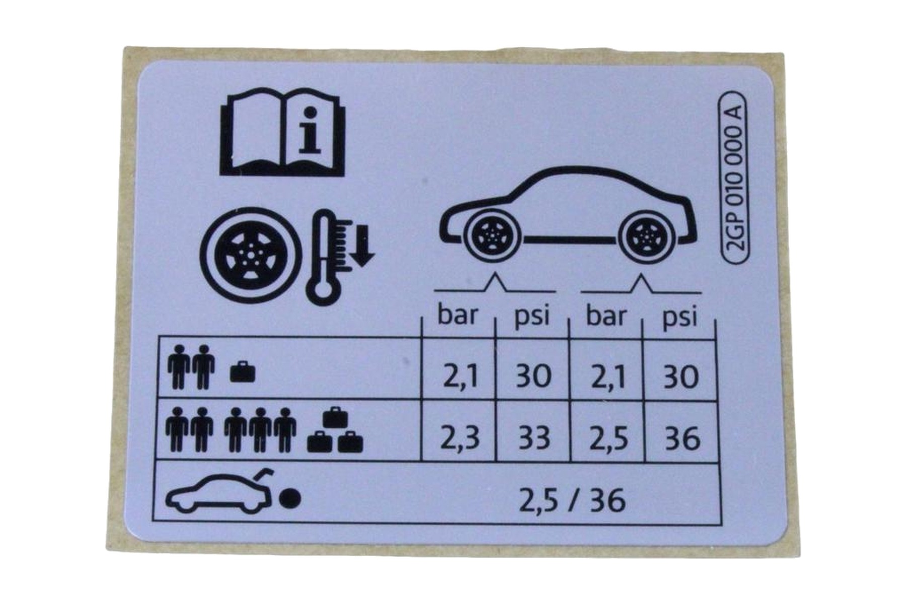Etiqueta de Pressão de Calibragem de Pneus VW 2GP010000A