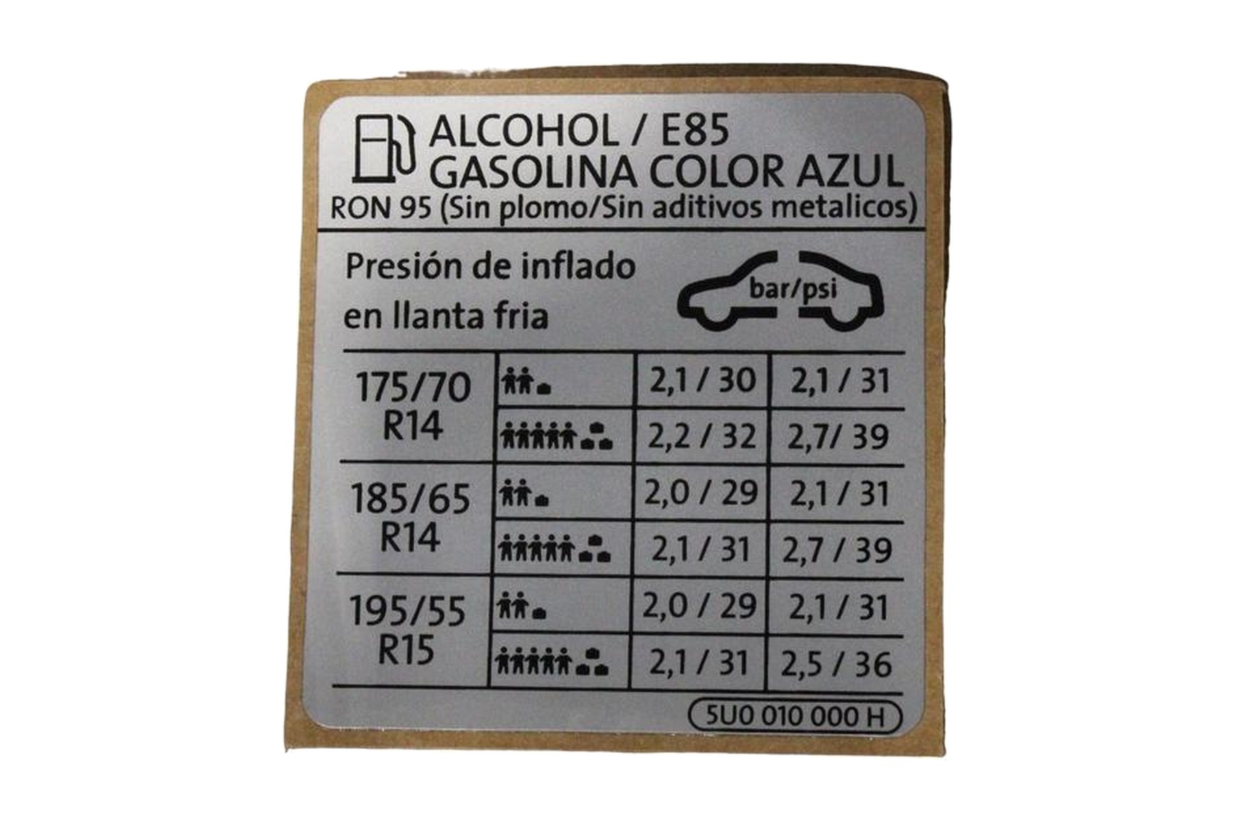 Etiqueta de Pressão de Calibragem de Pneus VW 5U0010000H