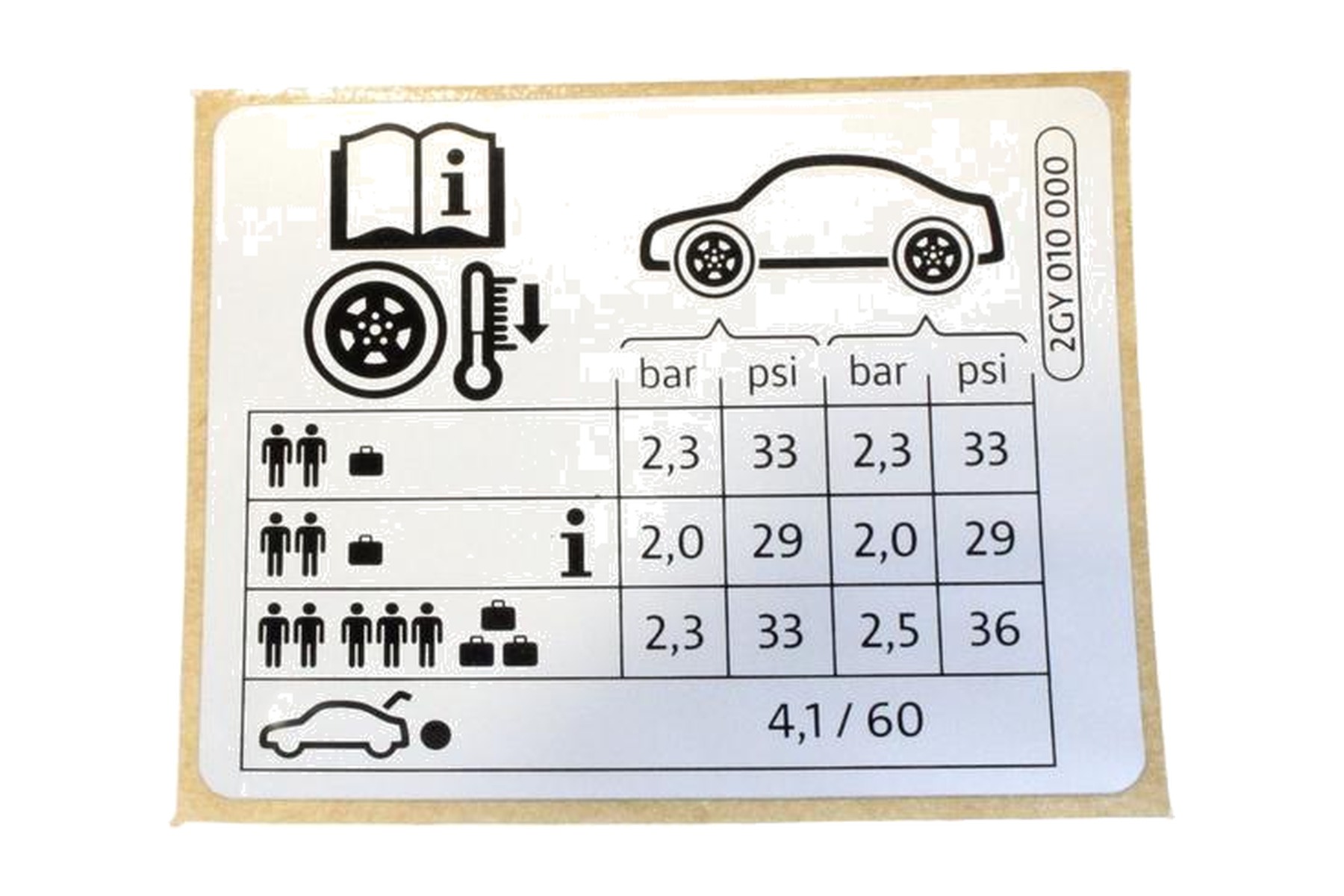 Etiqueta de Pressão de Calibragem de Pneus VW 2GY010000