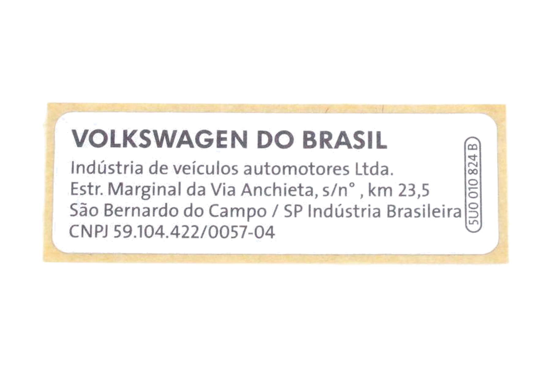 Etiqueta de Advertência VW 5U0010824B