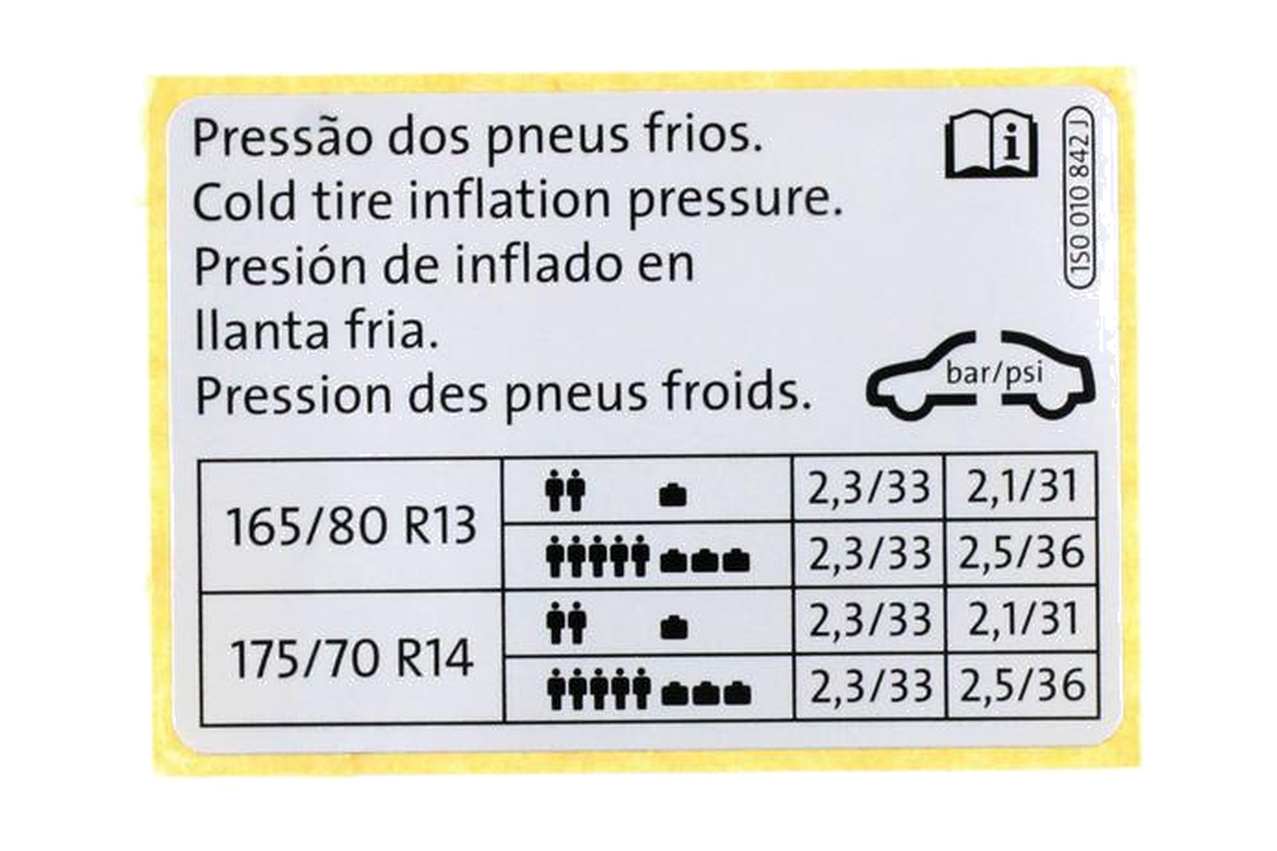 Etiqueta de Pressão de Calibragem de Pneus VW 1S0010842J