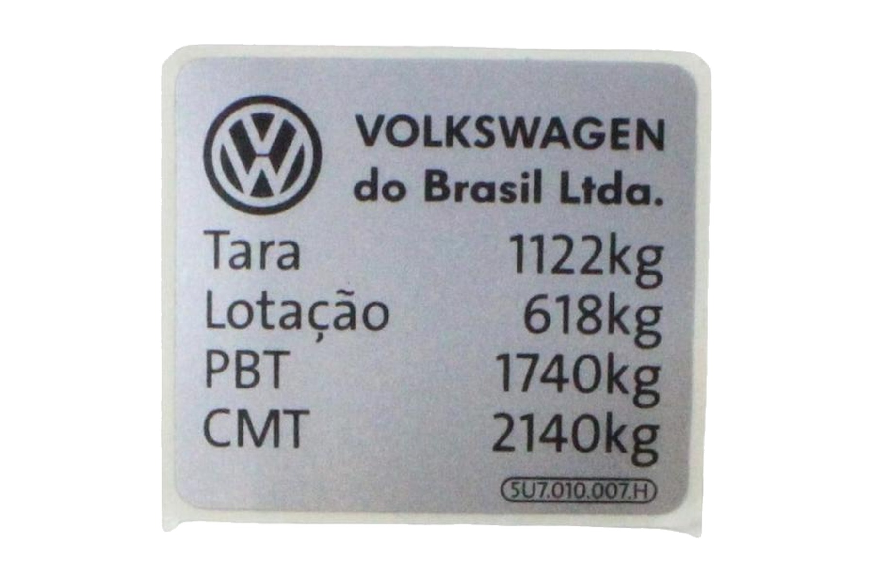 Etiqueta de Capacidade de Carga VW 5U7010007H