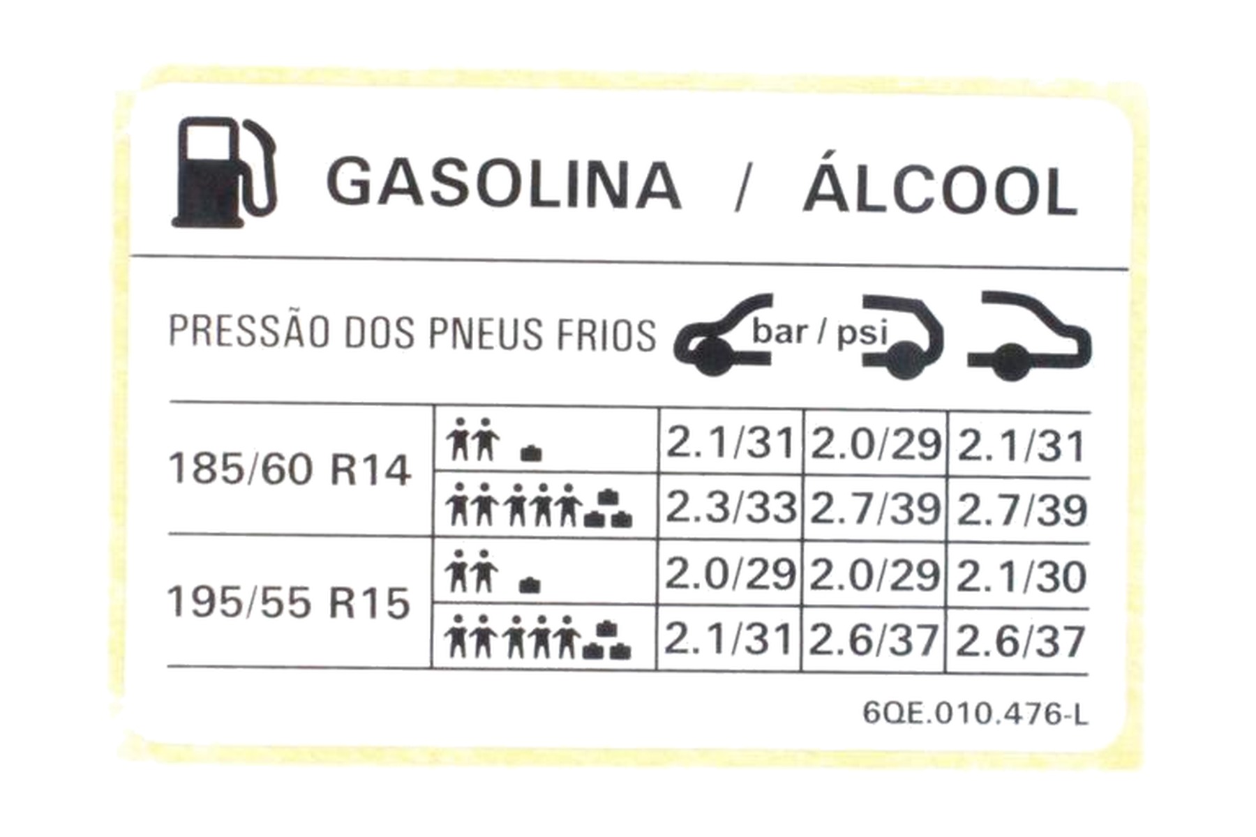 Etiqueta de Pressão de Calibragem de Pneus VW 6QE010476L