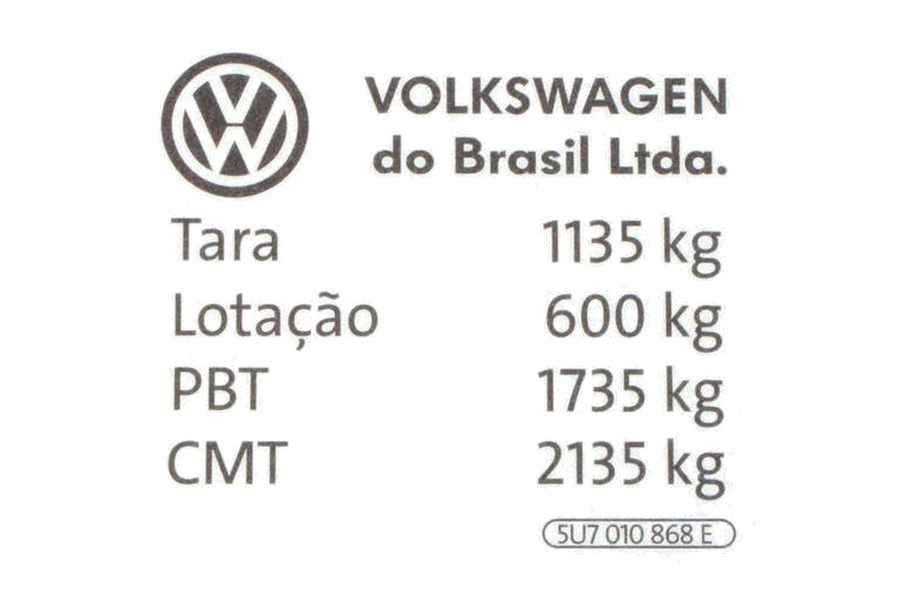 Etiqueta de Capacidade de Carga VW 5U7010868E