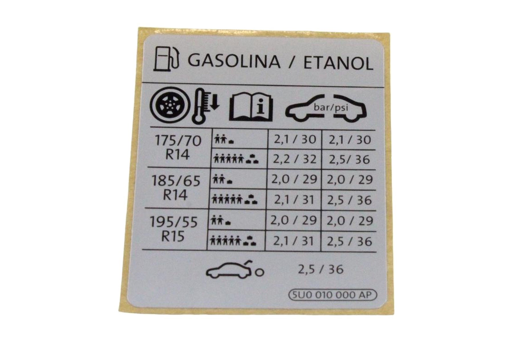 Etiqueta de Pressão de Calibragem de Pneus VW 5U0010000AP
