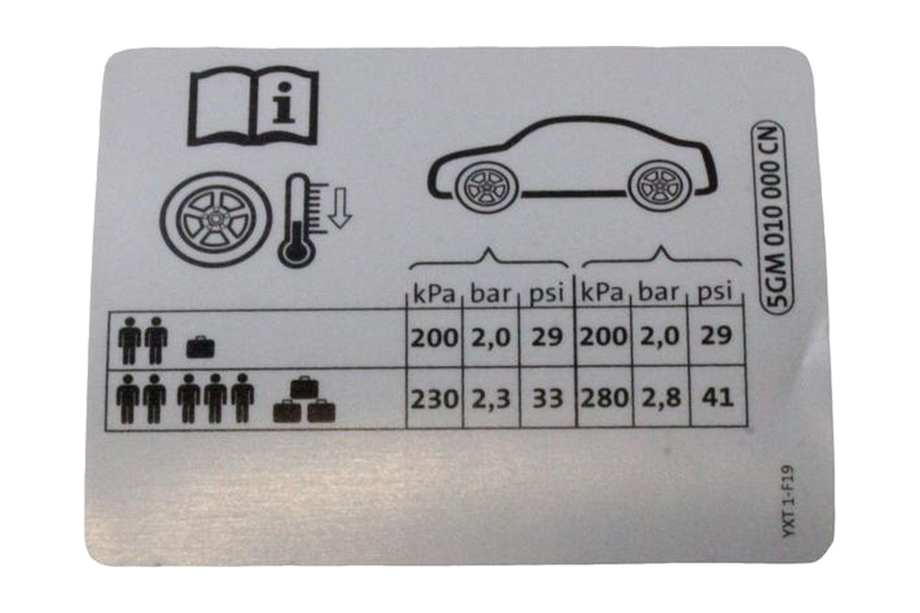 Etiqueta de Pressão de Calibragem de Pneus VW 5GM010000CN