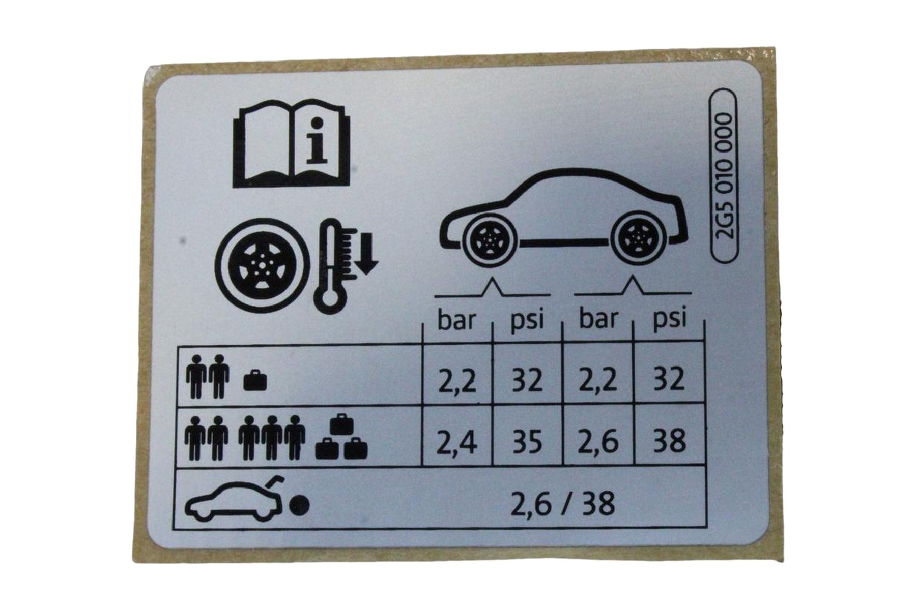 Etiqueta de Pressão de Calibragem de Pneus VW 2G5010000