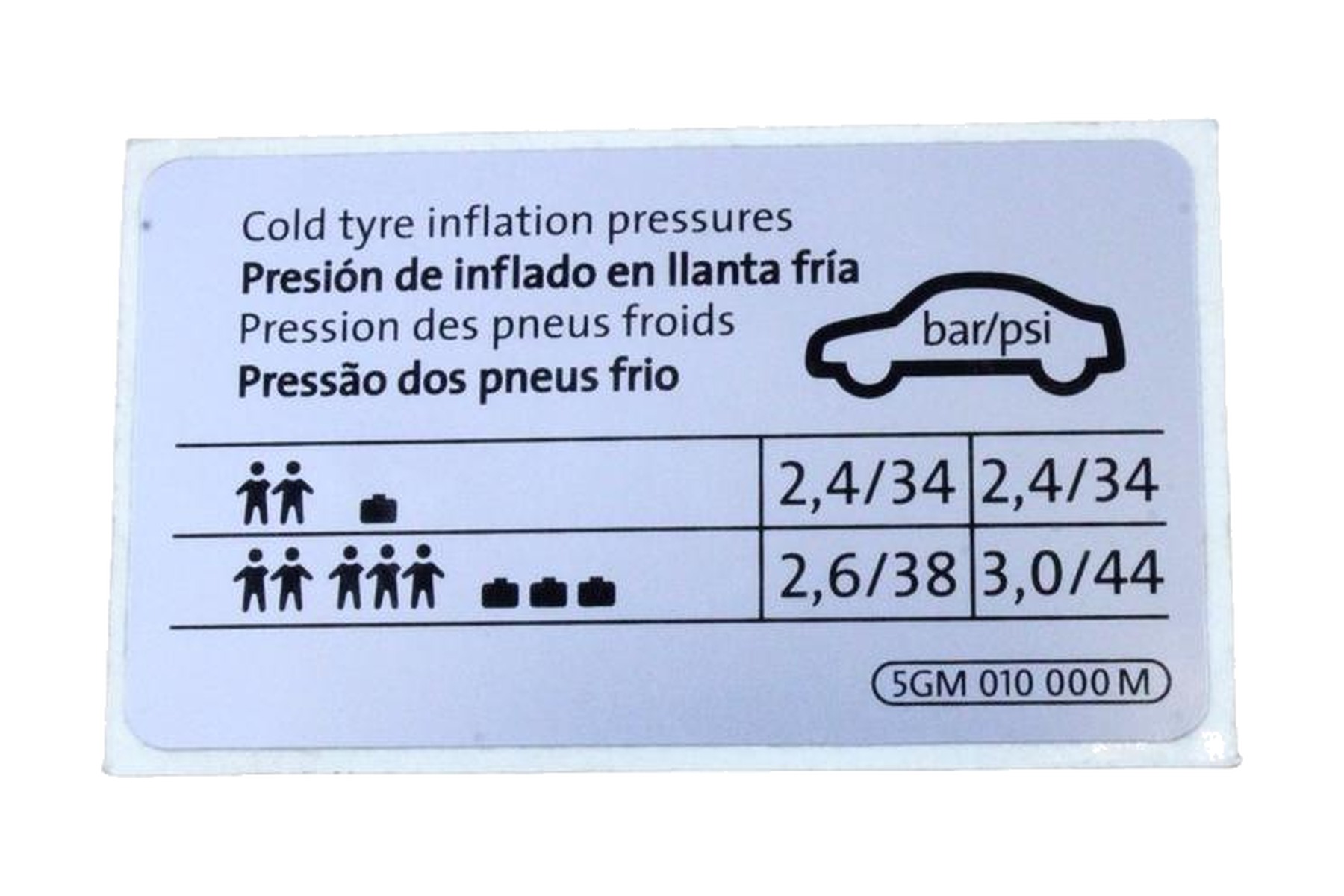 Etiqueta de Pressão de Calibragem de Pneus VW 5GM010000M