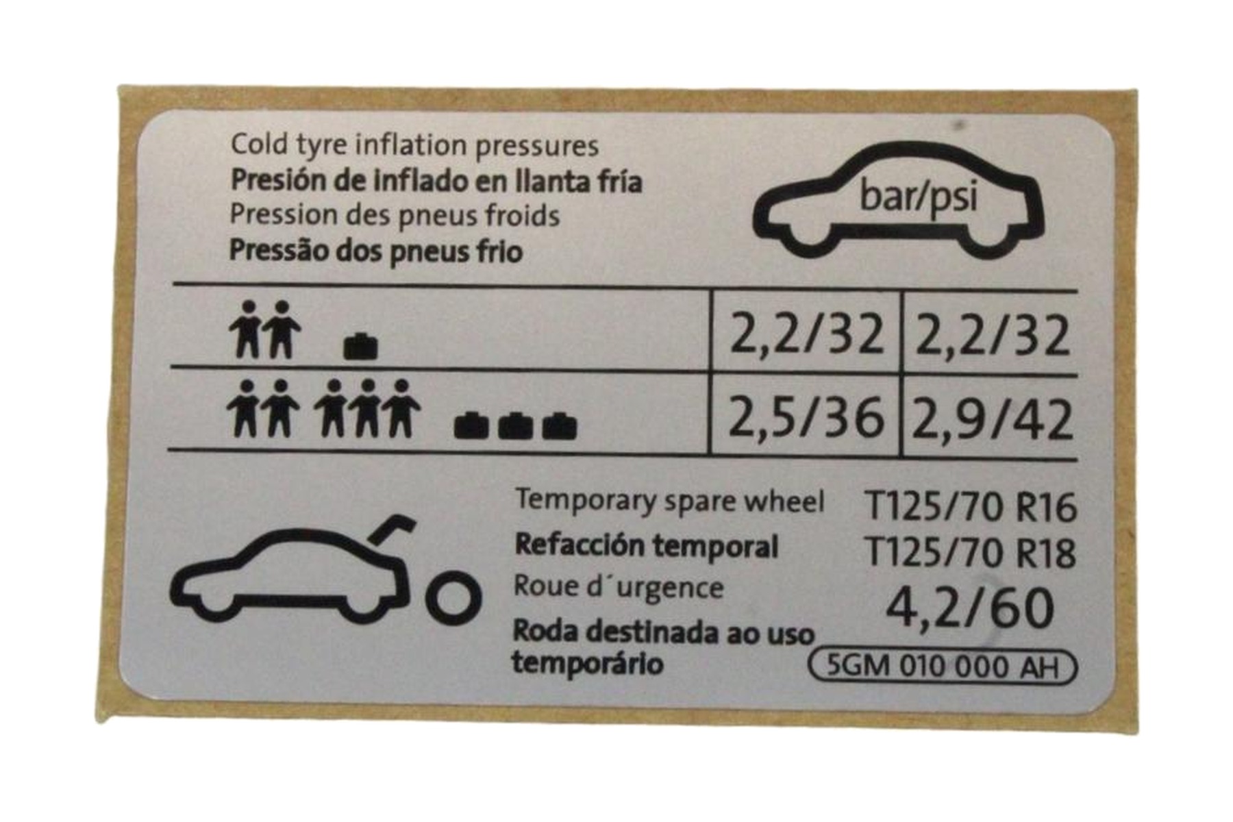 Etiqueta de Pressão de Calibragem de Pneus VW 5GM010000AH