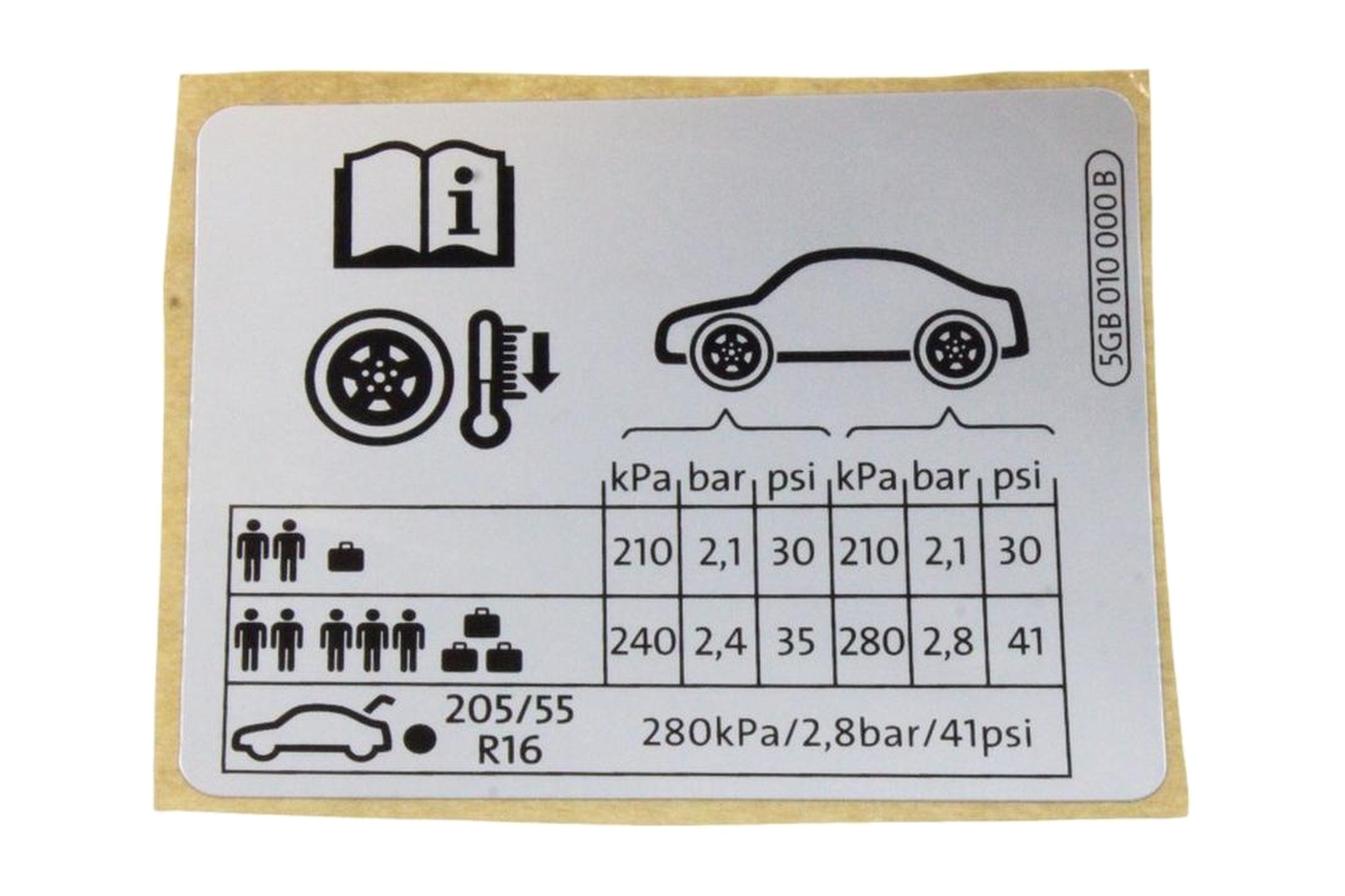 Etiqueta de Pressão de Calibragem de Pneus VW 5GB010000B
