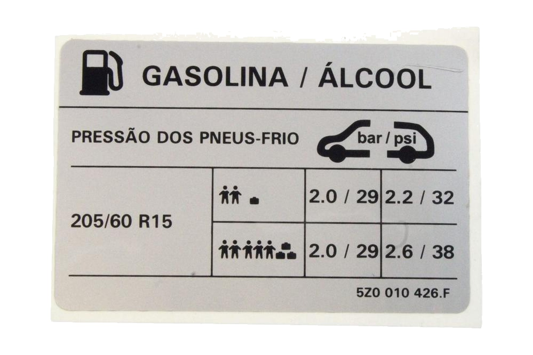 Etiqueta de Pressão de Calibragem de Pneus VW 5Z0010426F