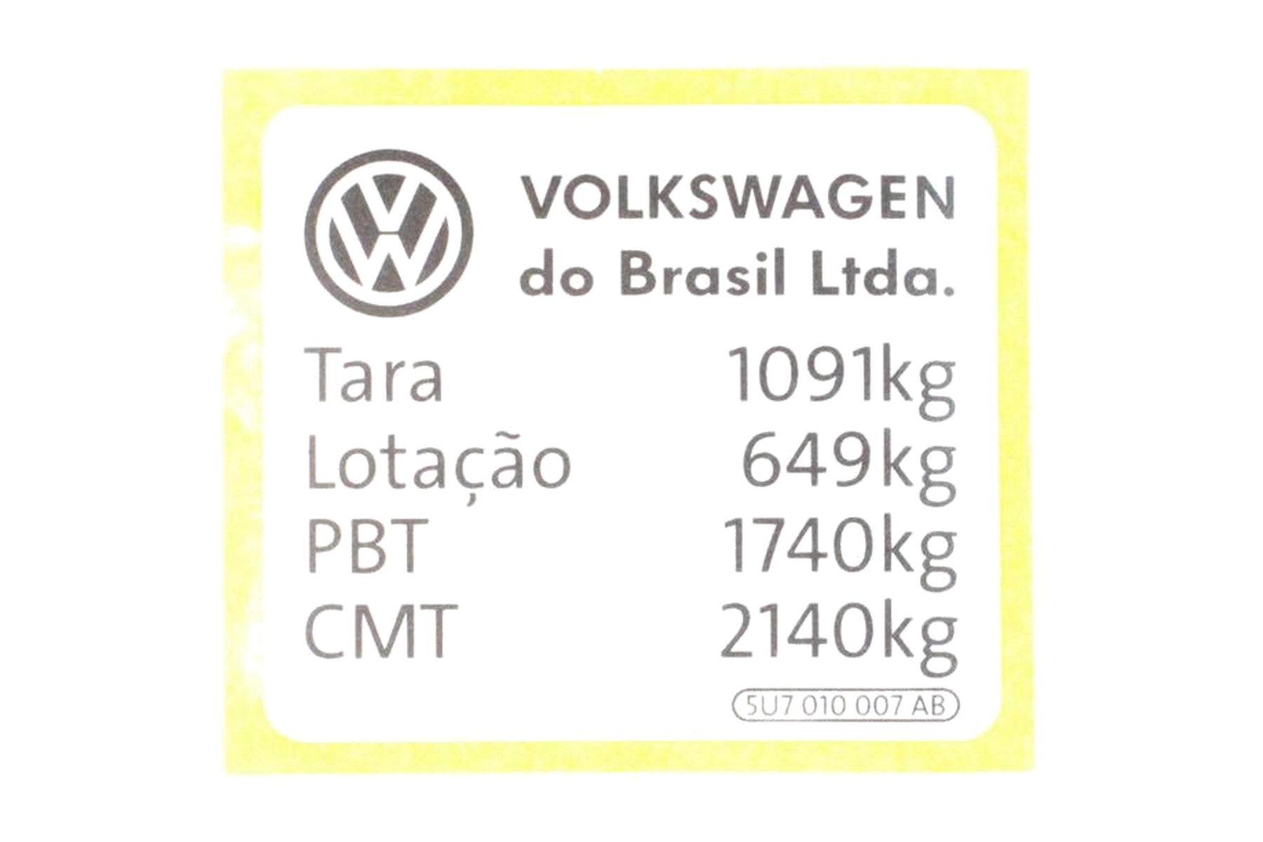 Etiqueta de Capacidade de Carga VW 5U7010007AB