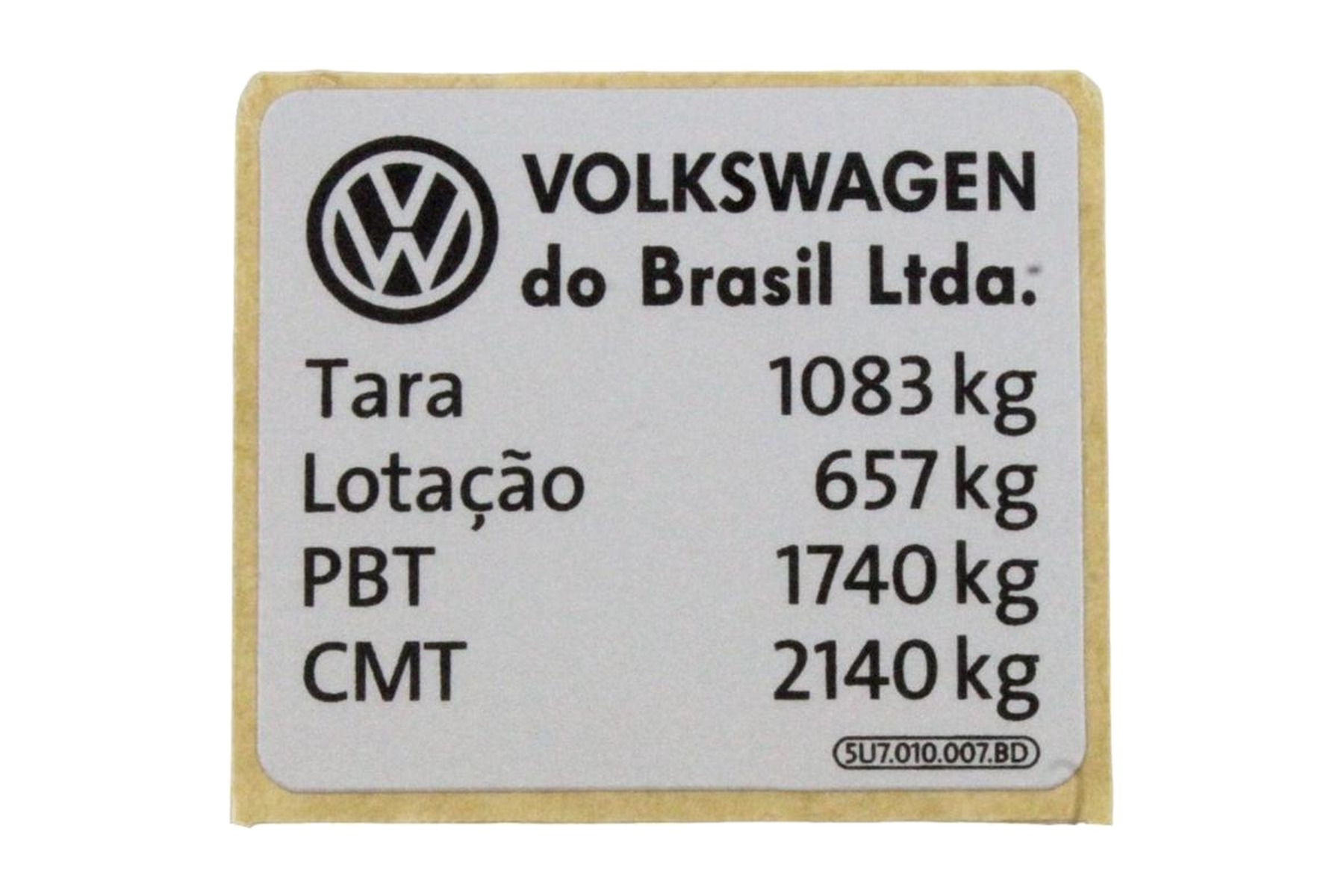 Etiqueta de Capacidade de Carga VW 5U7010007BD