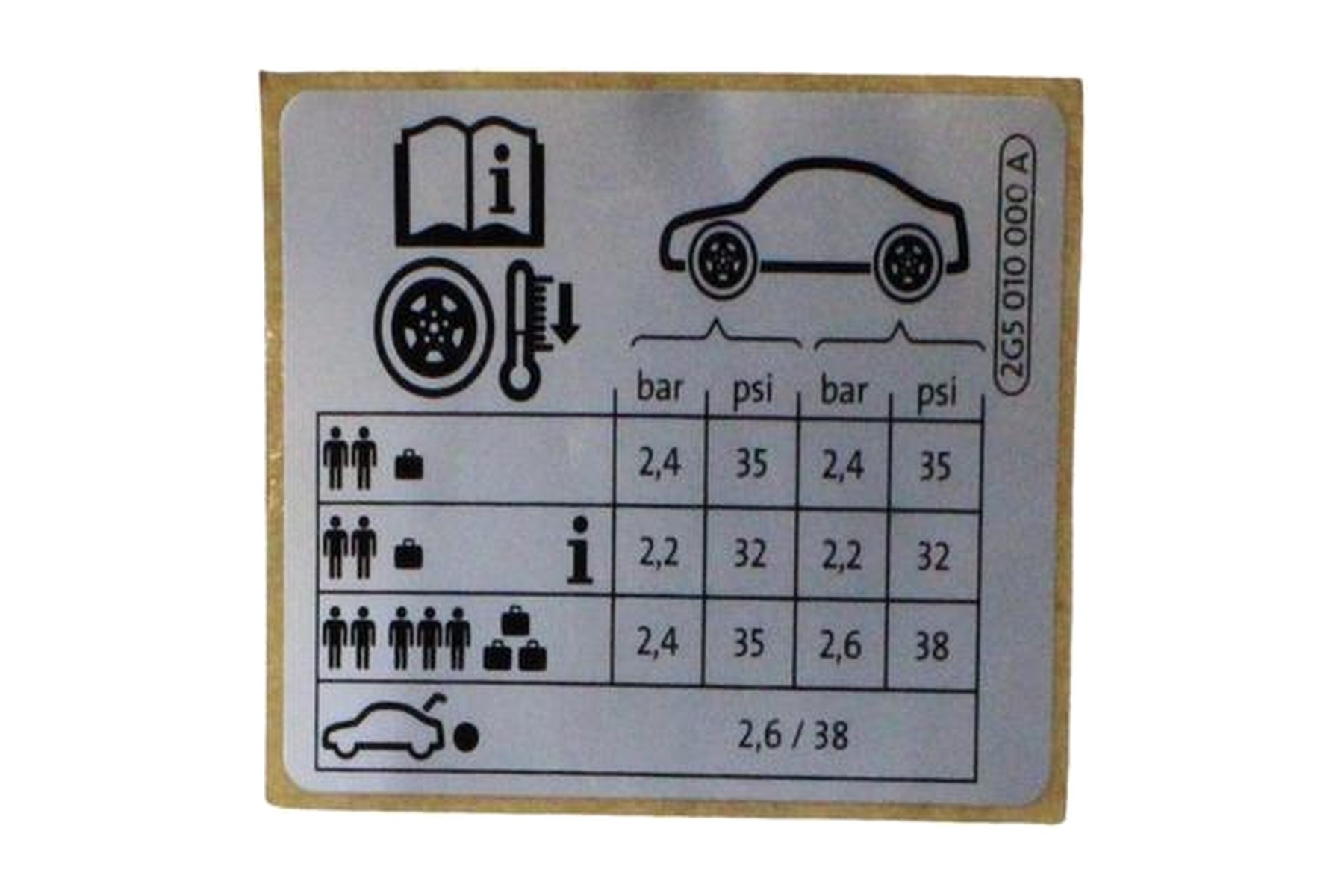 Etiqueta de Pressão de Calibragem de Pneus VW 2G5010000A