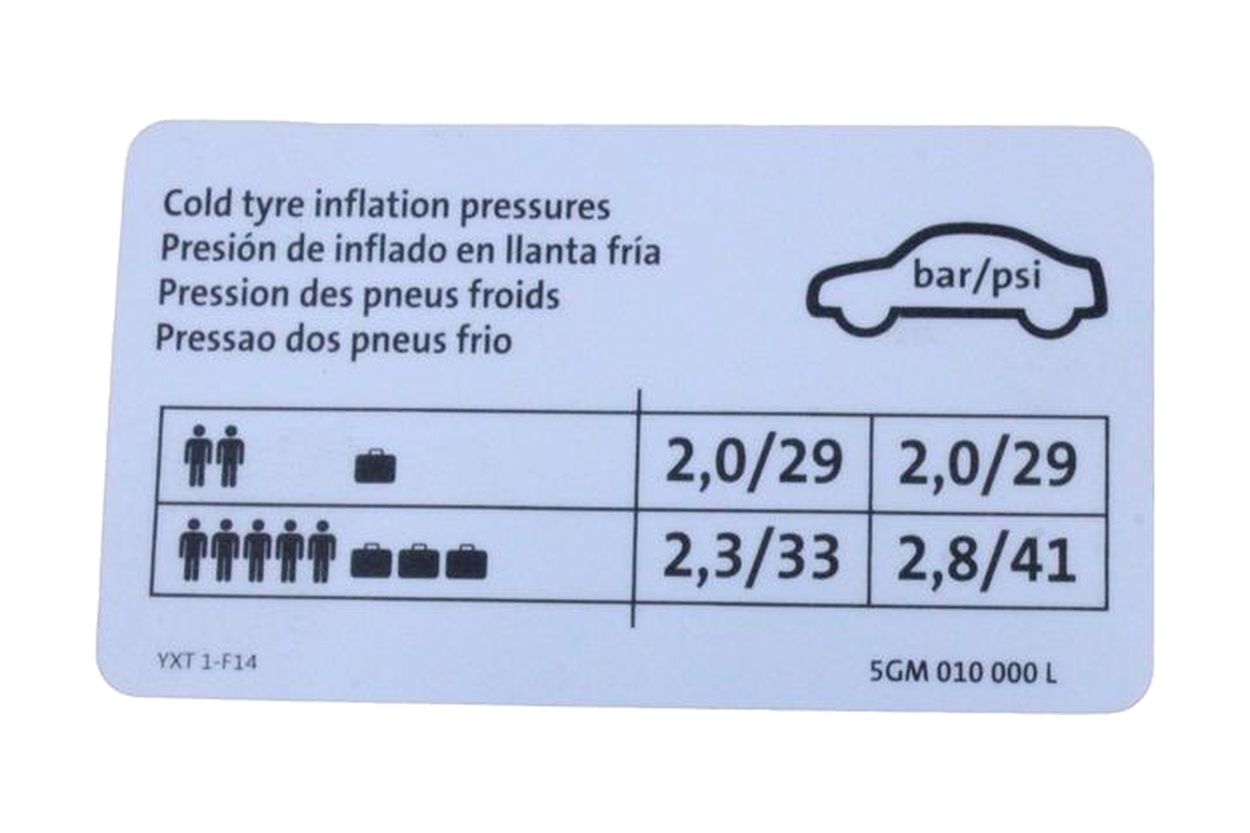 Etiqueta de Pressão de Calibragem de Pneus VW 5GM010000L