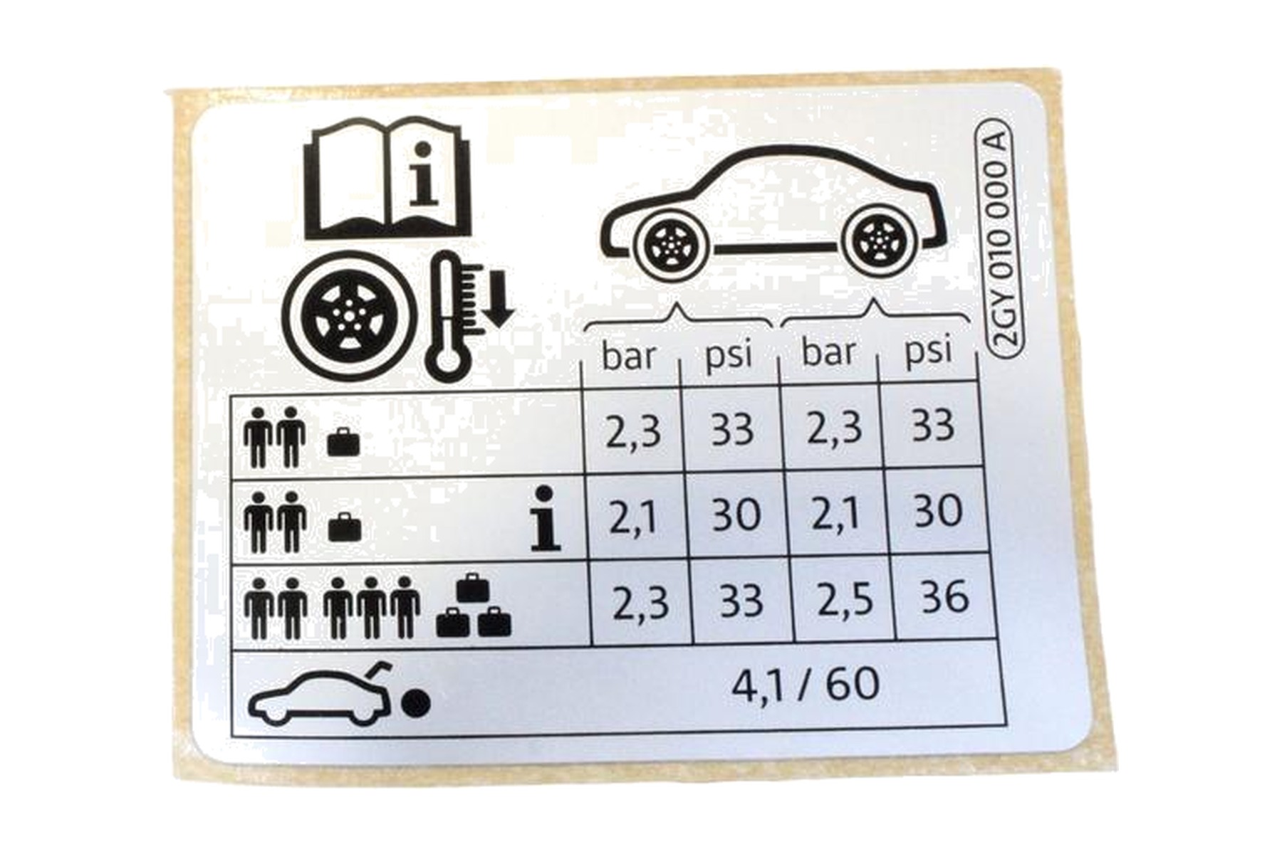 Etiqueta de Pressão de Calibragem de Pneus VW 2GY010000A