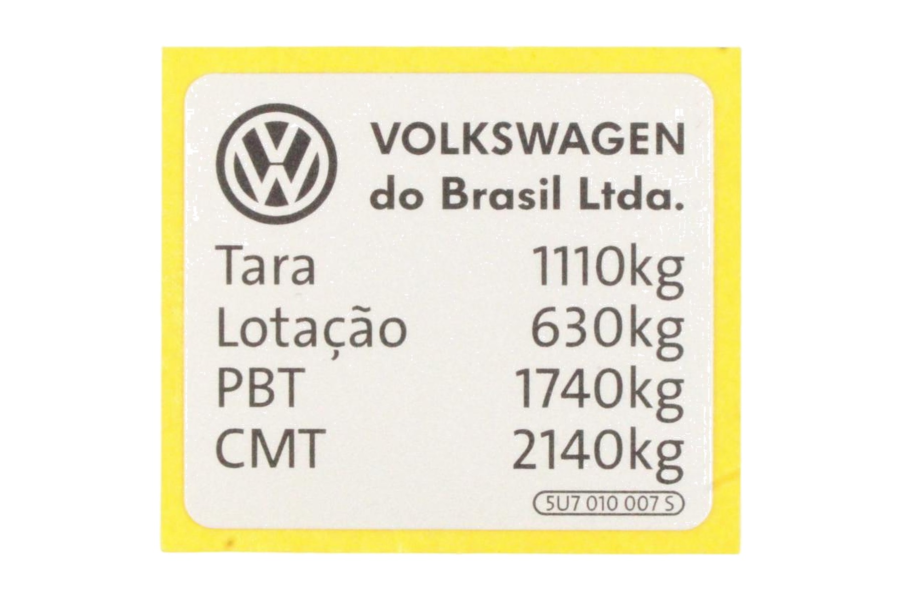 Etiqueta de Capacidade de Carga VW 5U7010007S