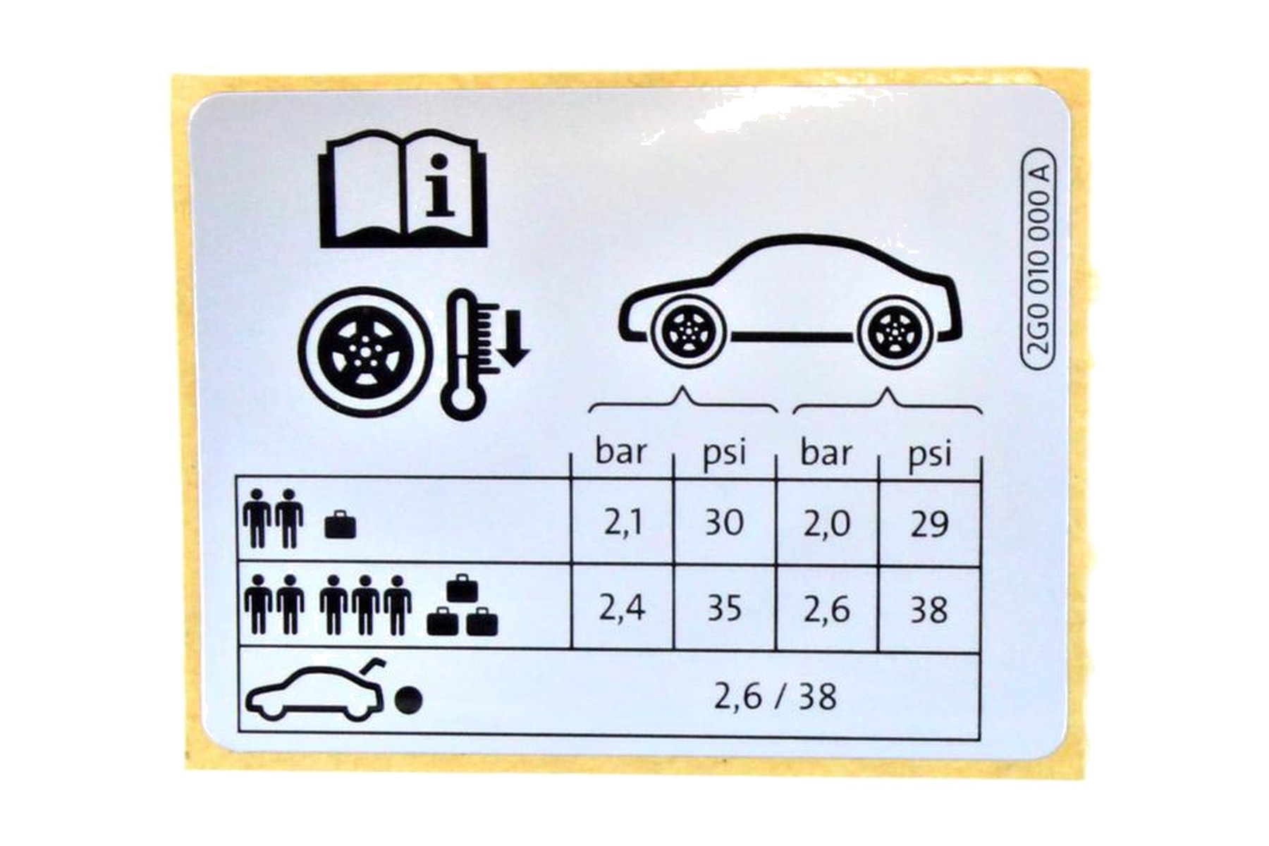 Etiqueta de Pressão de Calibragem de Pneus VW 2G0010000A