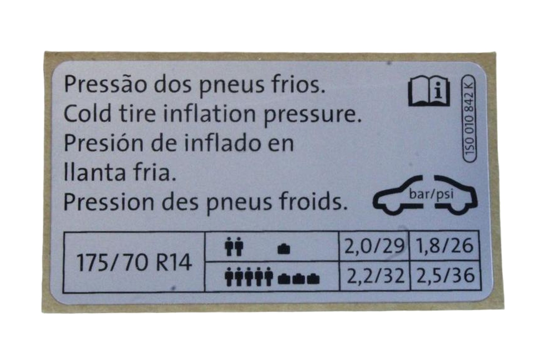 Etiqueta de Pressão de Calibragem de Pneus VW 1S0010842K