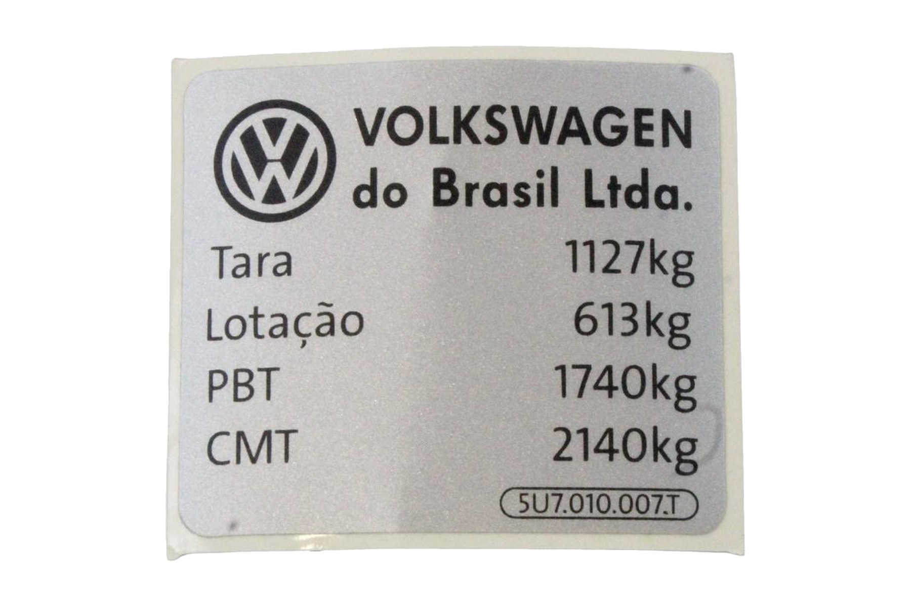 Etiqueta de Capacidade de Carga VW 5U7010007T