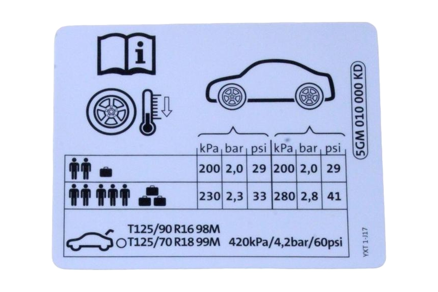 Etiqueta de Pressão de Calibragem de Pneus VW 5GM010000KD
