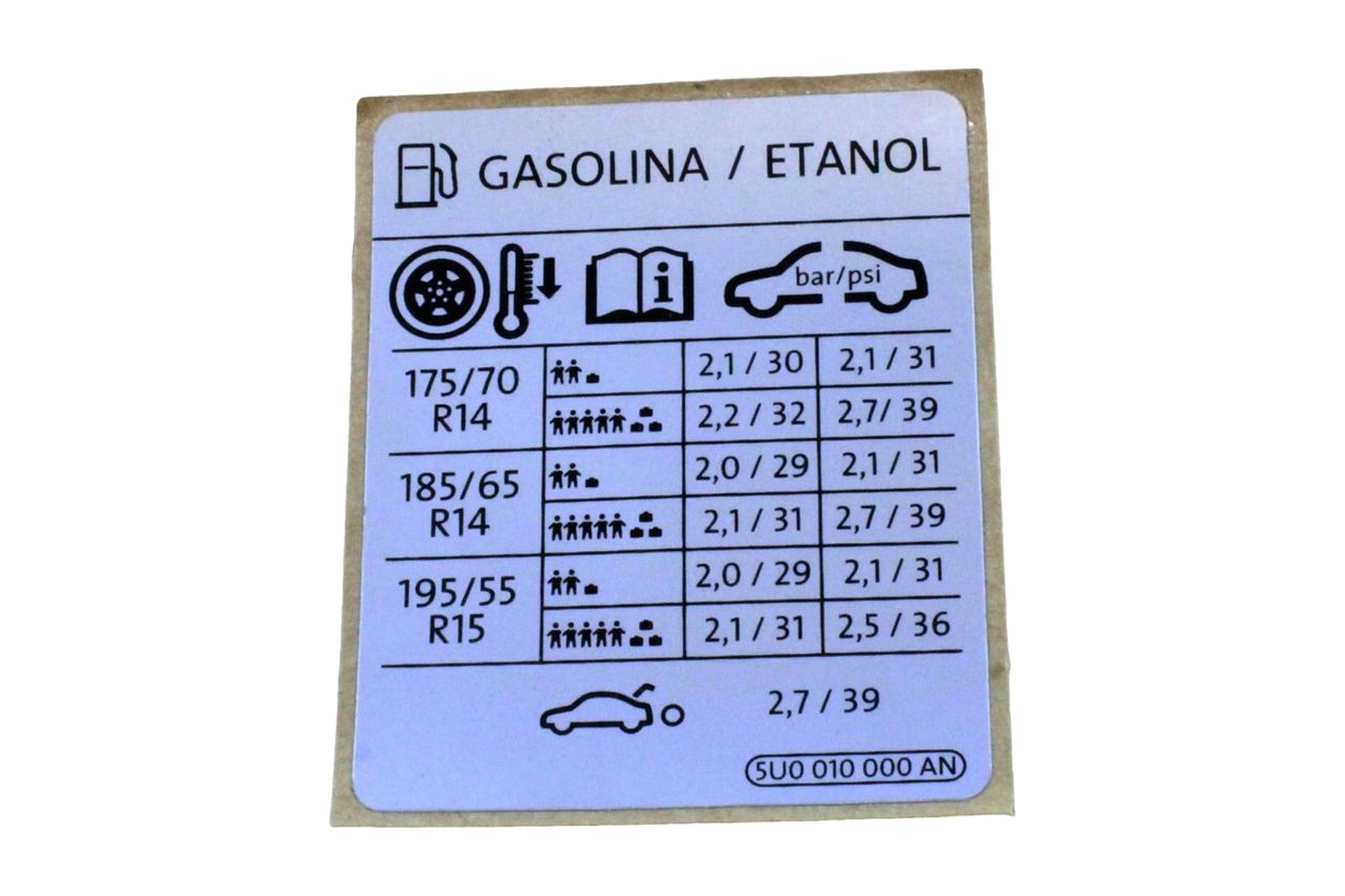 Etiqueta de Pressão de Calibragem de Pneus VW 5U0010000AN