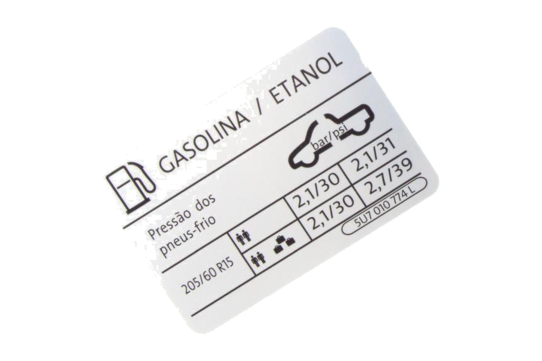 Etiqueta de Pressão de Calibragem de Pneus VW 5U7010774L