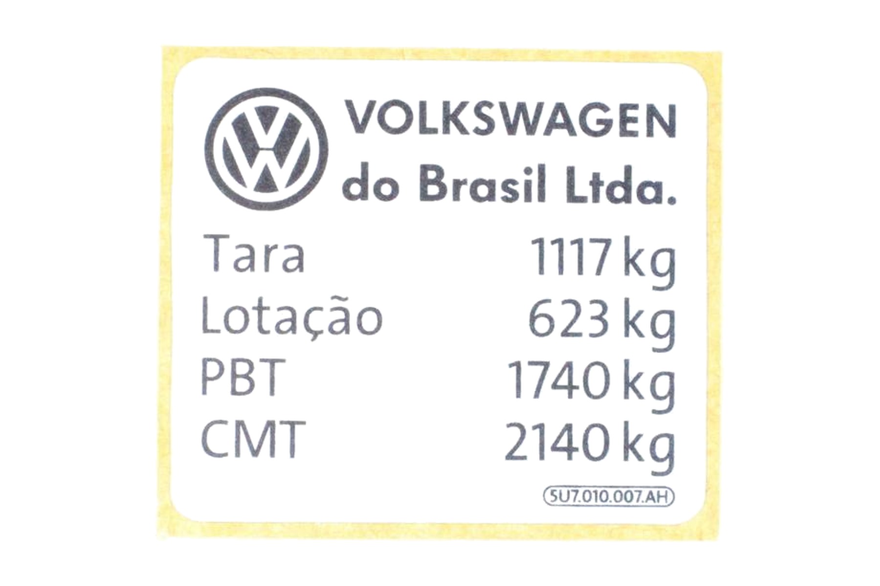Etiqueta de Capacidade de Carga VW 5U7010007AH