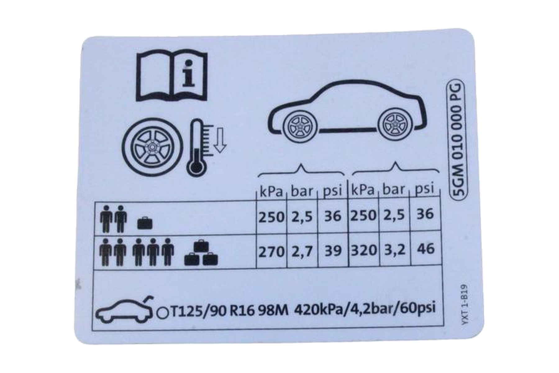Etiqueta de Pressão de Calibragem de Pneus VW 5GM010000PG