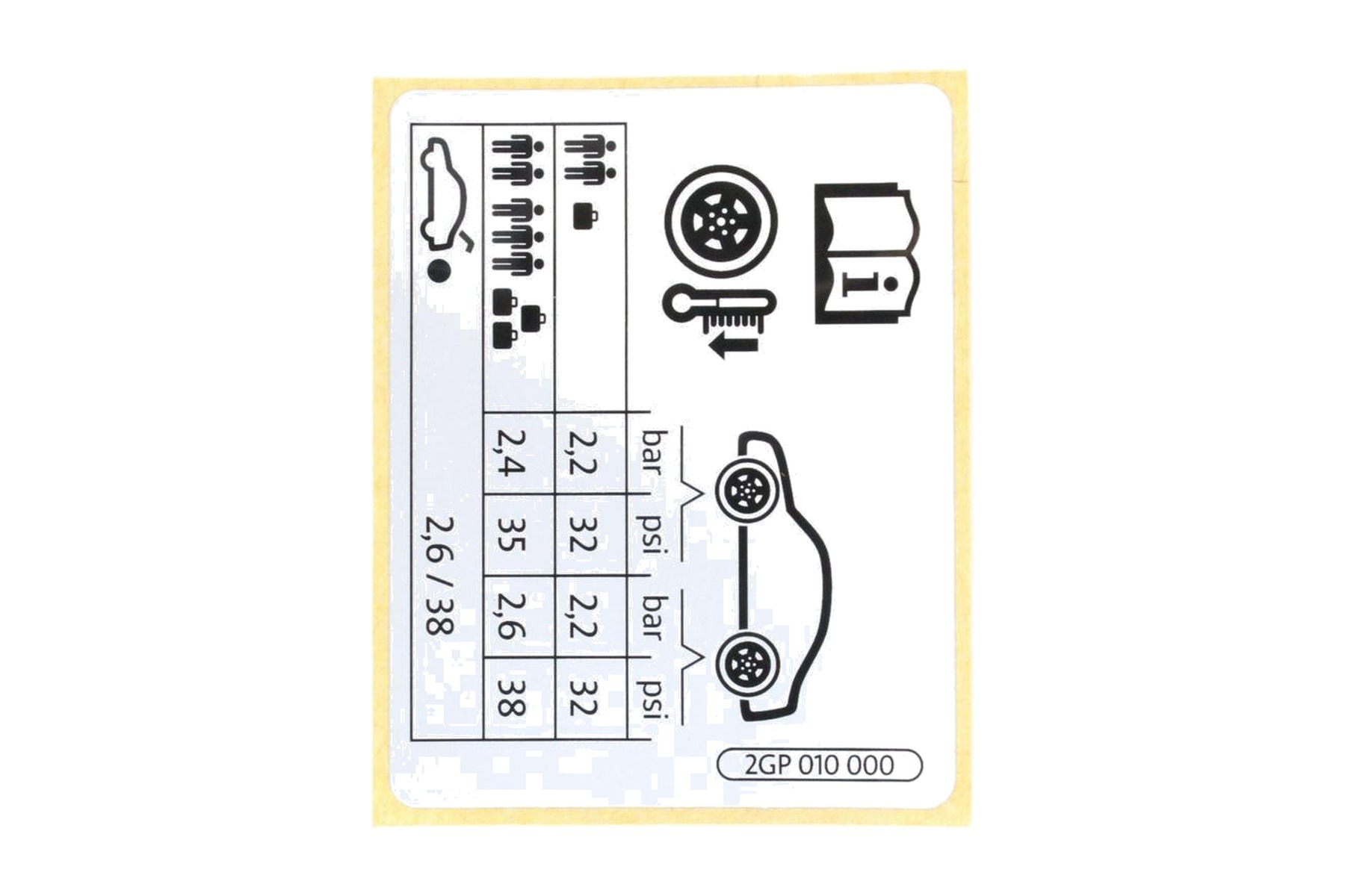 Etiqueta de Pressão de Calibragem de Pneus VW 2GP010000 - Imagem 2