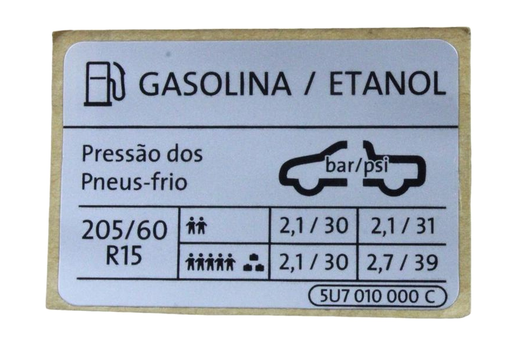 Etiqueta de Pressão de Calibragem de Pneus VW 5U7010000C