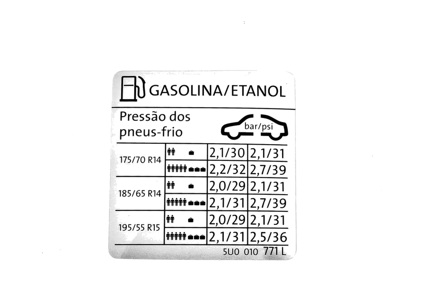 Etiqueta de Pressão de Calibragem de Pneus VW 5U0010771L
